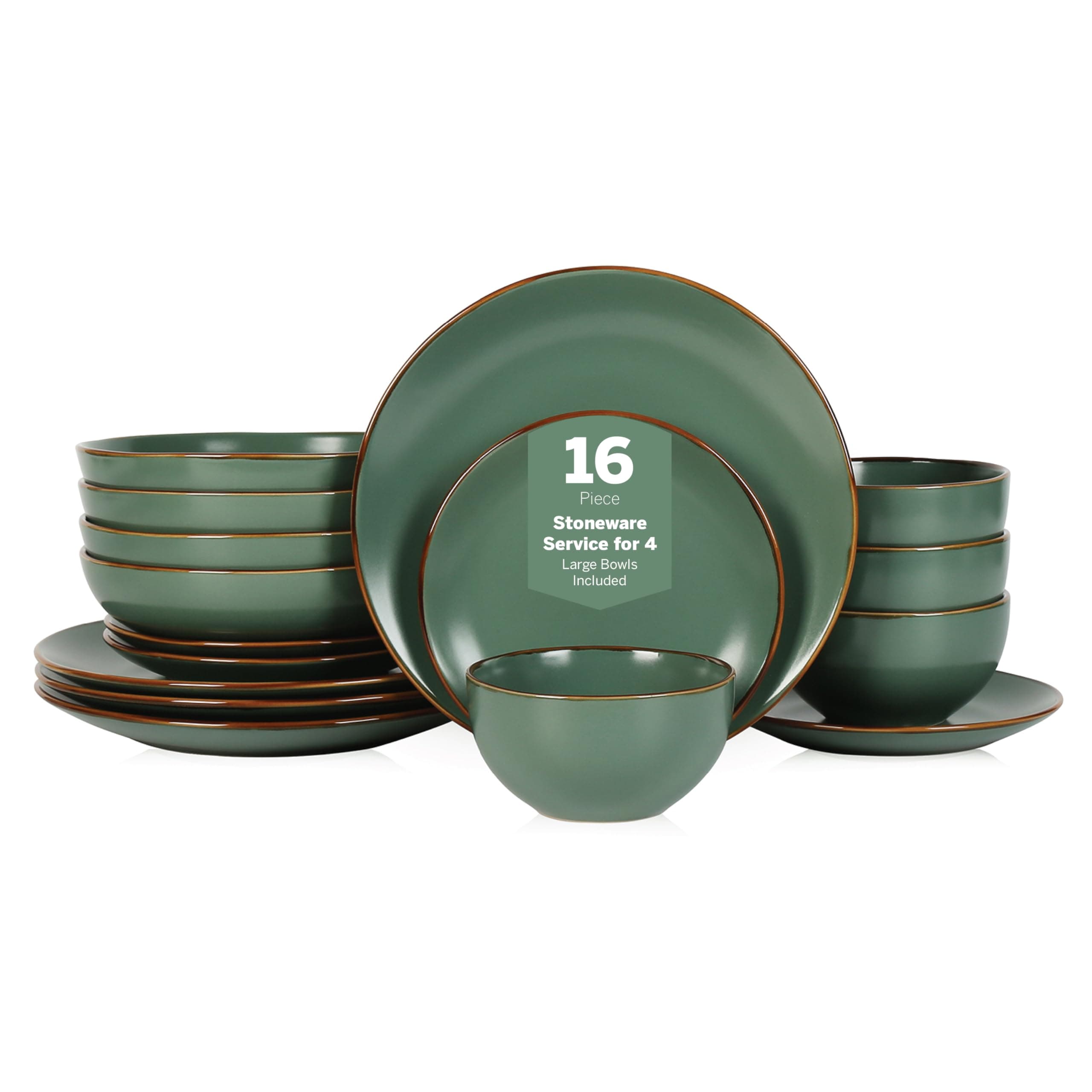 Brasa Modern Stoneware 16 Piece Dinnerware Sets, Plates and Bowls Sets, Dish Set for 4, Green