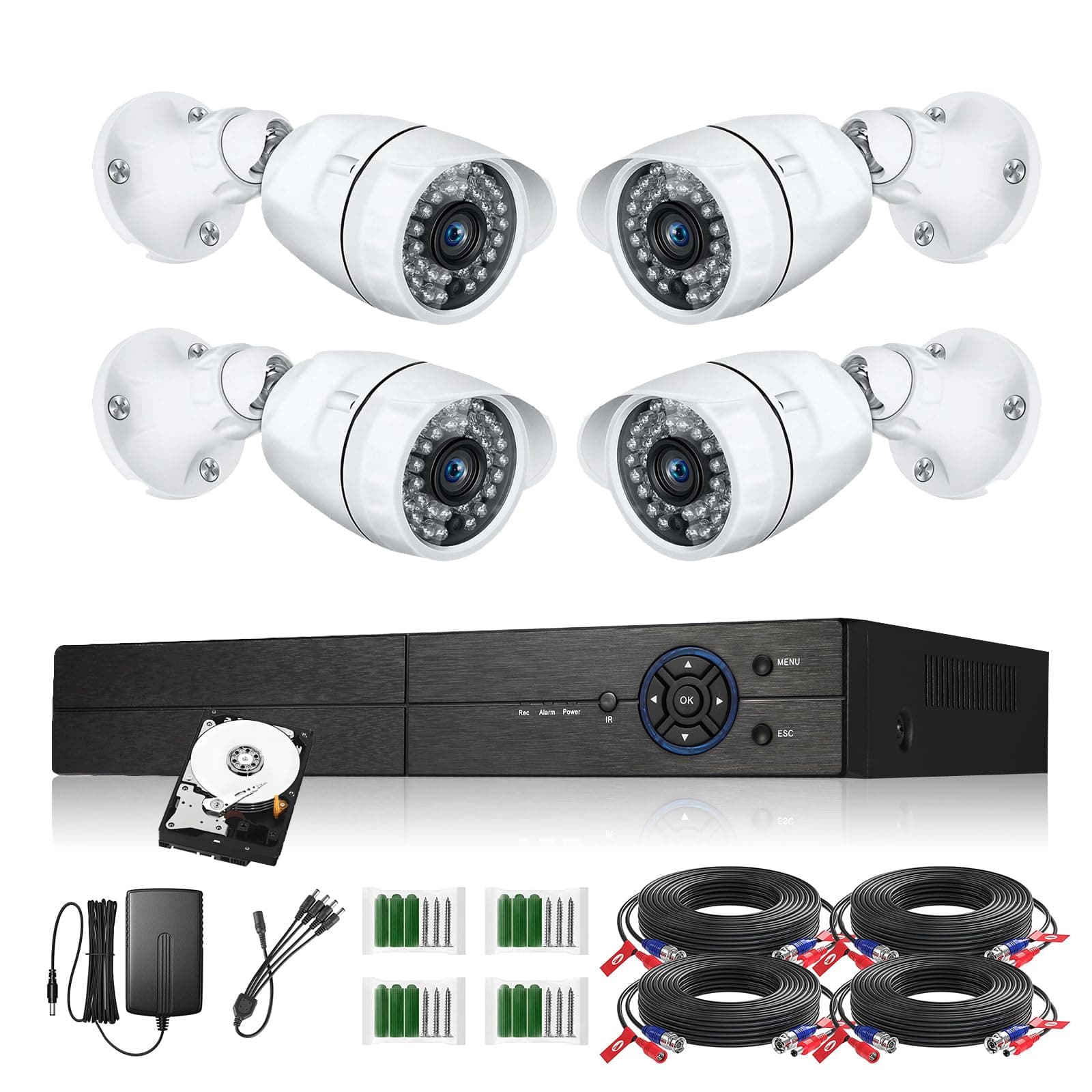 Eversecu 4 Channel Security Camera System 1080P DVR and 4pcs HD Weatherproof Cameras, Night Vision, Motion Alert, Smartphone, PC Easy Remote Access, 500GB HDD Preinstalled, Premade Cables Included