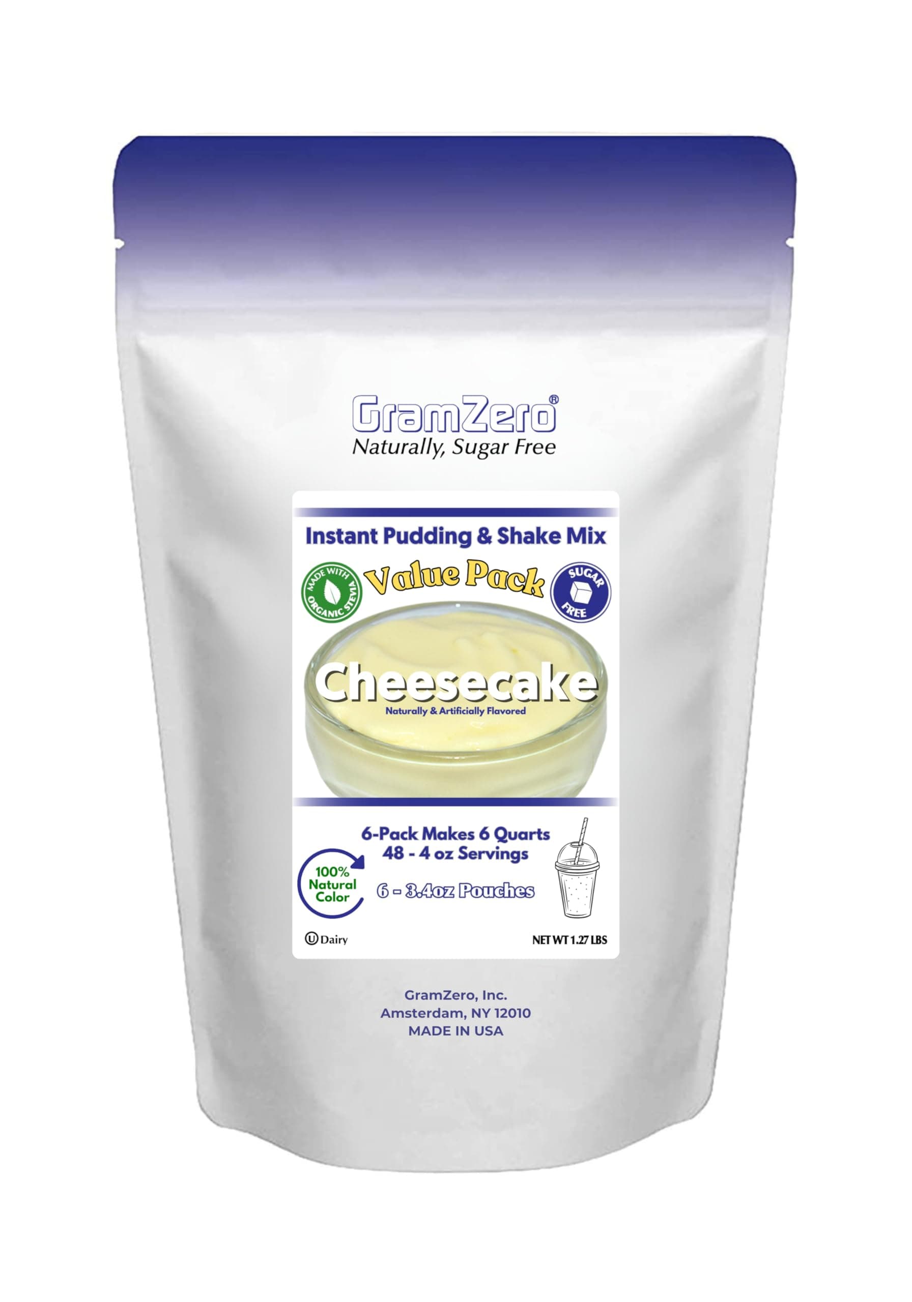GramZero Cheesecake Sugar Free Pudding Mix 6-Pack, Great For Nutrition Club Meal Replacement Shakes, Low Calorie Dessert, Stevia Sweetened