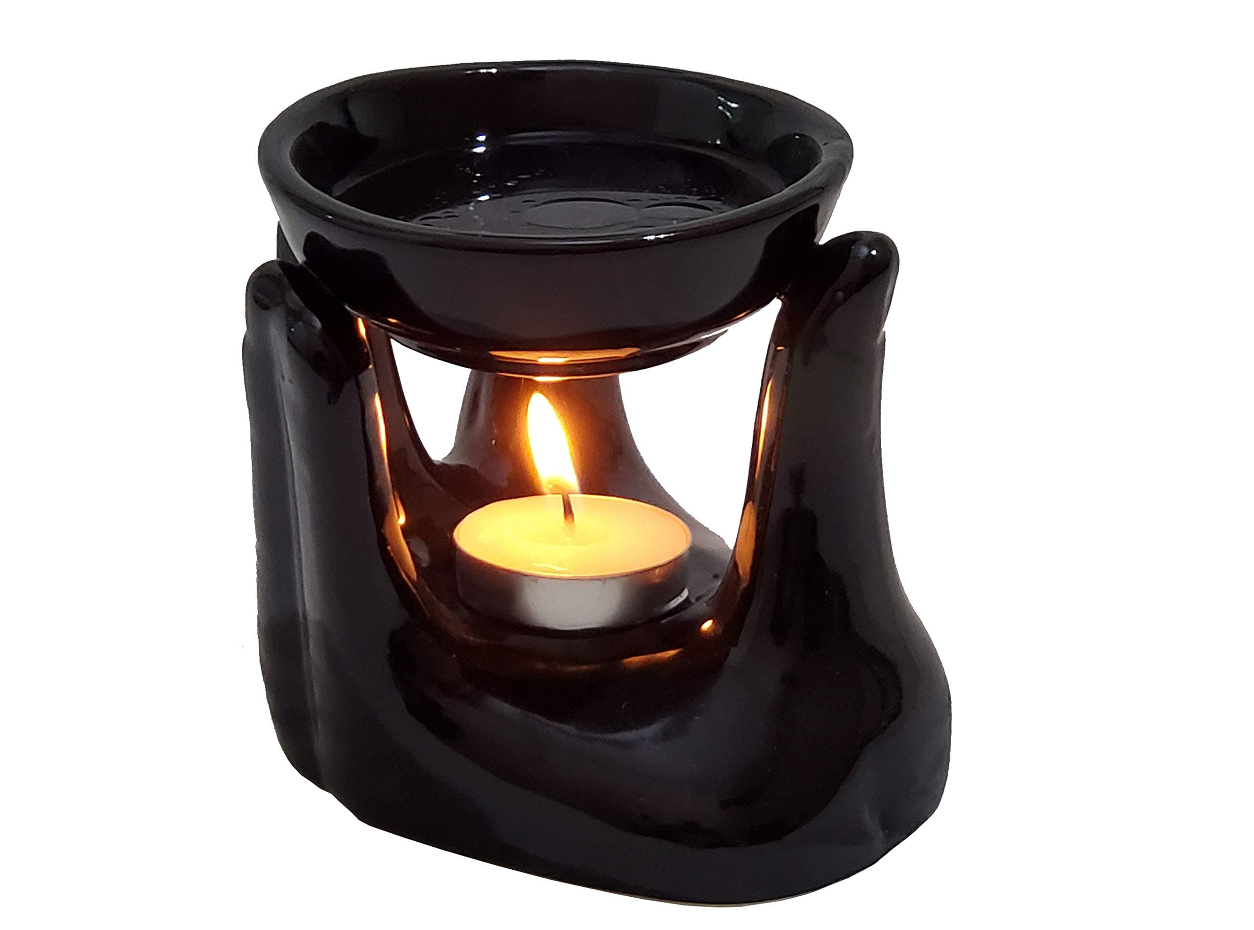 Pure Source India Black Ceramic Handtype Aroma Burner with 1 Tea Light Candle for Essential Oils & Wax Melts – Tealight Candle Diffuser, Oil Warmer for Spa, Meditation, Bedroom & Gift Use