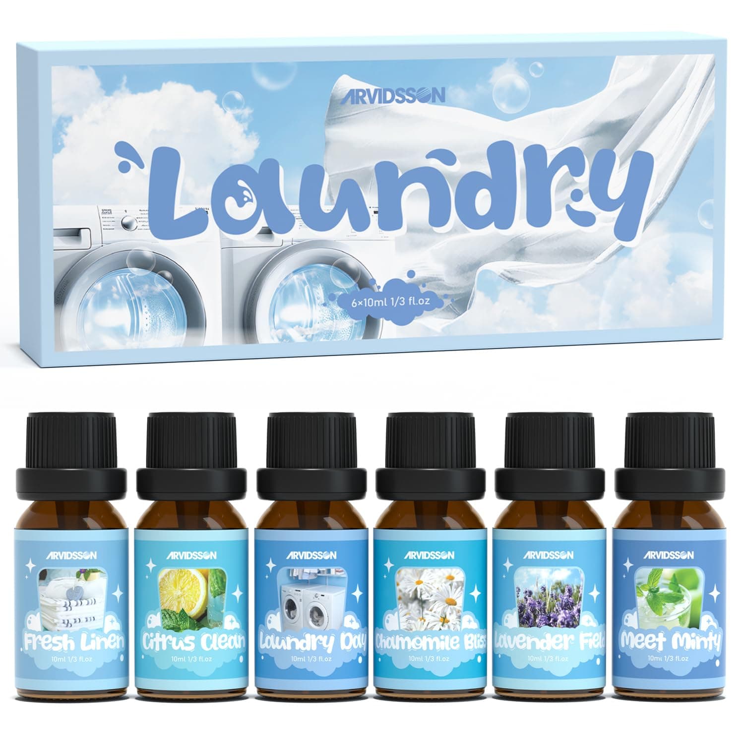 ARVIDSSON Laundry Collection Essential Oil Set, Natural Clean Essential Oils for Diffuser, Use with Wool Dryer Balls - Fresh Linen, Citrus Clean, Laundry Day, Chamomile Bliss, Lavender Field, Minty