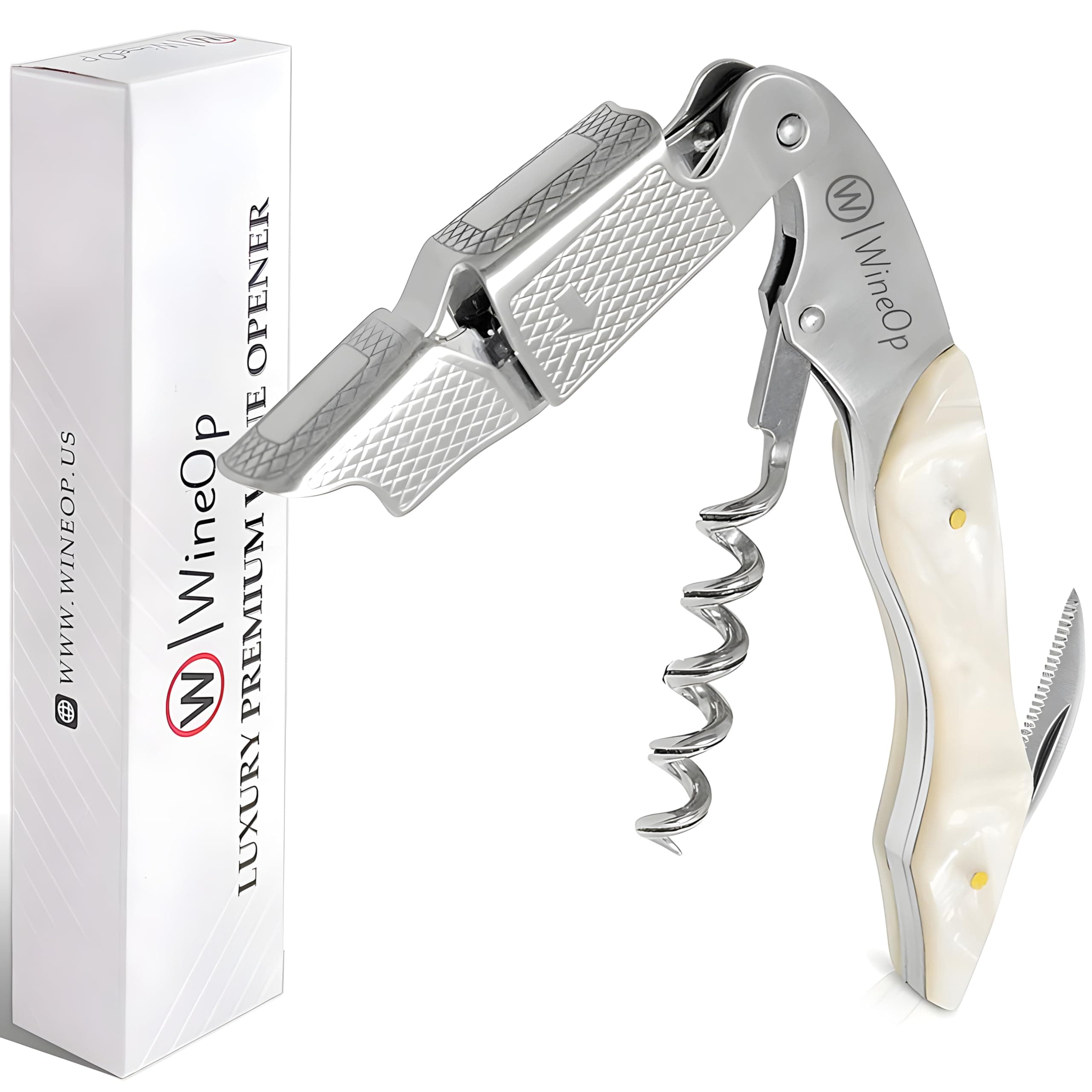 WineOp Professional Wine Opener Luxury Double Hinged Waiter's Corkscrew Wine Bottle Key - Cork screwer for Servers, Bartenders, Sommelier and Home Use | All-In-One Stainless Steel (White Resin)