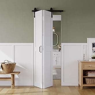 Bifold Barn Door 28" x 84", MDF Bi-Fold Sliding Closet Doors with Hardware Kit Included, Pre-Finished Easy Assembly, Water-Proof PVC Surface & Save Space, H-Frame, 32" Track for 2 Doors,White