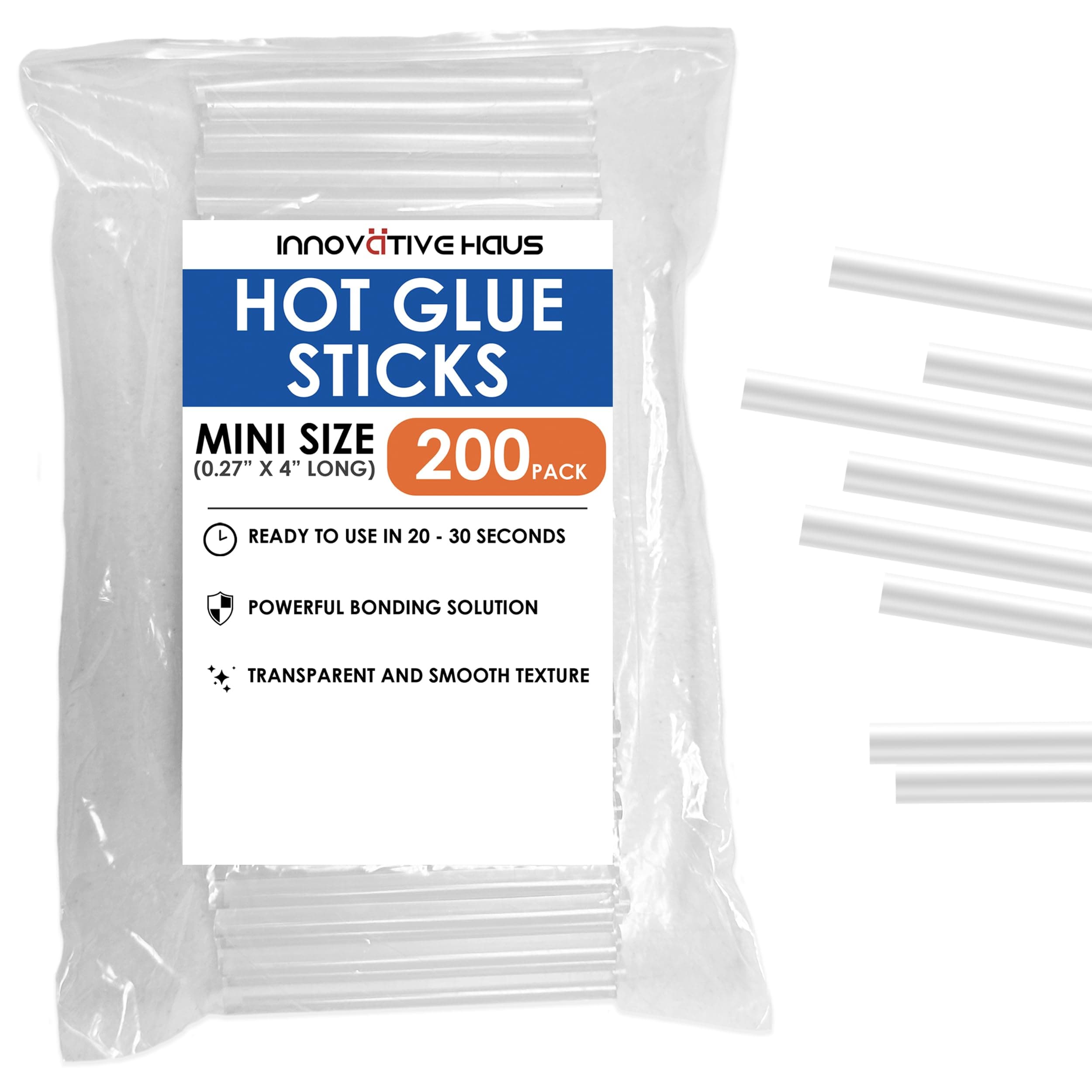 Innovative Haus Mini Hot Glue Sticks (200 Pack) - Fits Mini Glue Guns, 4" x 0.27" - Craft, Bond, Create on Wood, Metal, Glass and More - Transparent, Strong and Quick-Drying