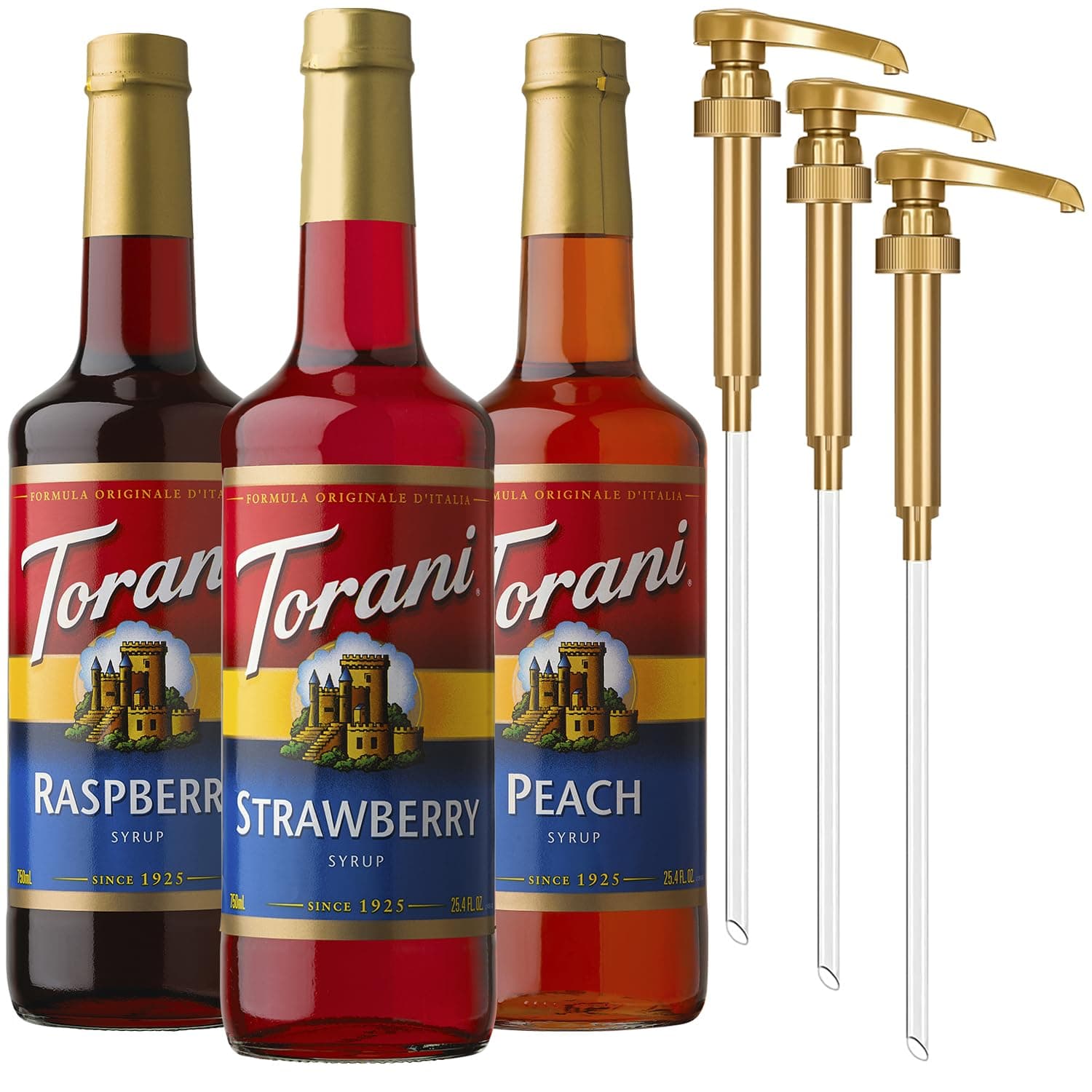 Torani Strawberry, Peach, and Raspberry Syrup for Drinks, Variety 3-Pack, Flavoring for Iced Tea, Lemonade, and Sodas, Pumps Included, 25.4 Oz Ea