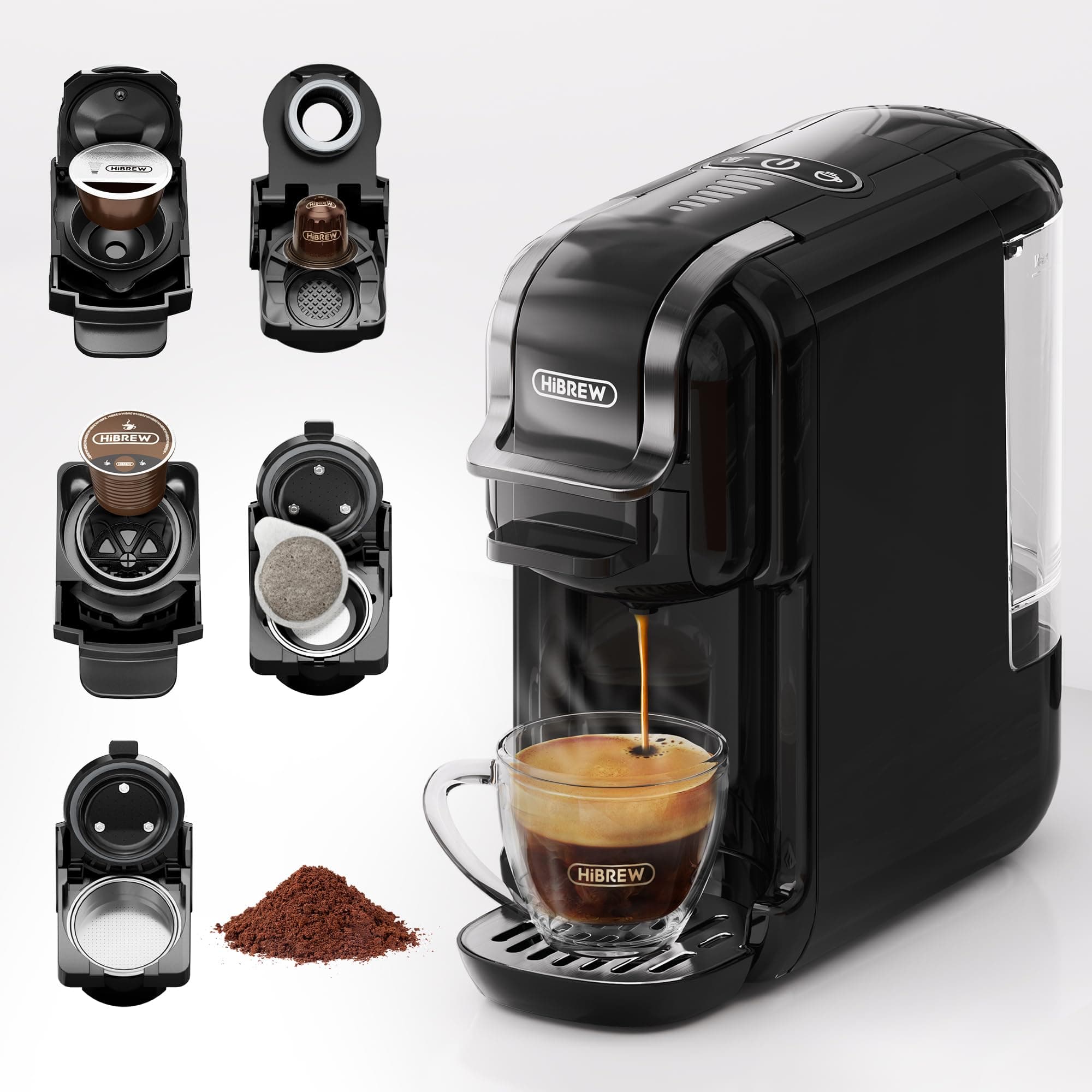 H2B 5-in-1 Pod Coffee Maker - Compatible With 4 Coffee Capsule as Well as Espresso Powder, Makes Iced Coffee, Espresso, Cappuccino, Long Black. Hotel Kitchen Coffee Machine
