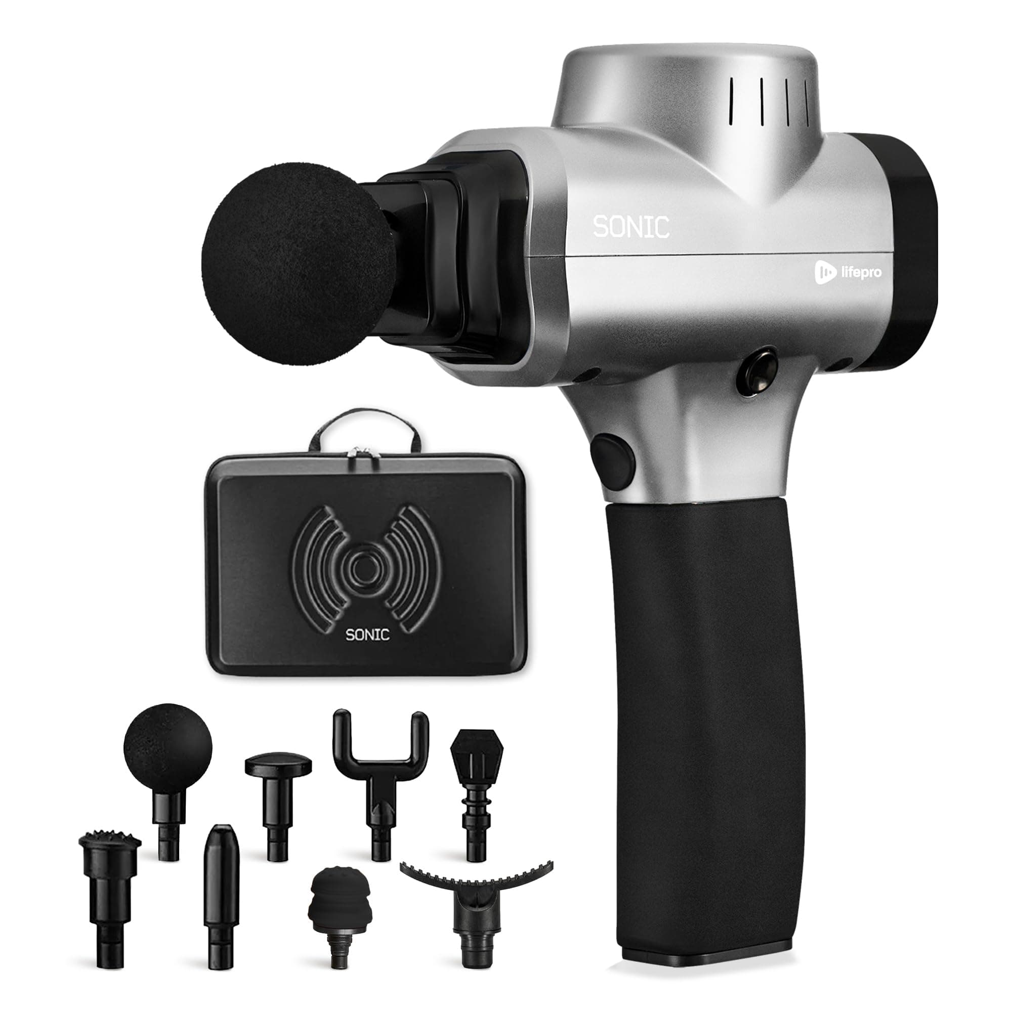 Sonic Handheld Percussion Massage Gun - Deep Tissue Massager for Sore Muscle and Stiffness - Quiet, 5 Speed High-Intensity Vibration - Quick Rechargeable Device - Includes 8 Massage Heads (Silver)