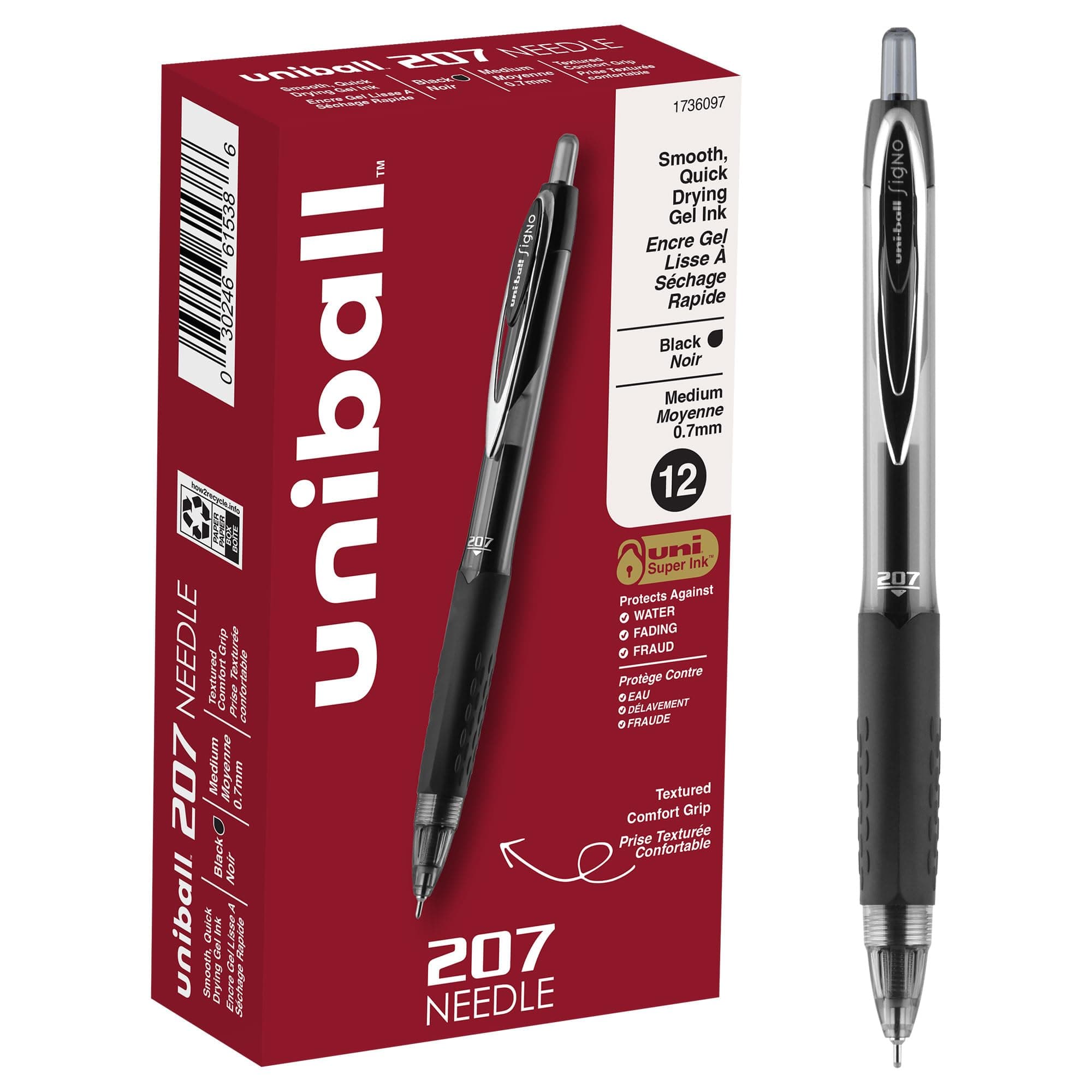 uni-ball 207 Needle Retractable Gel Pens, Medium Point, Black Ink, Pack of 12