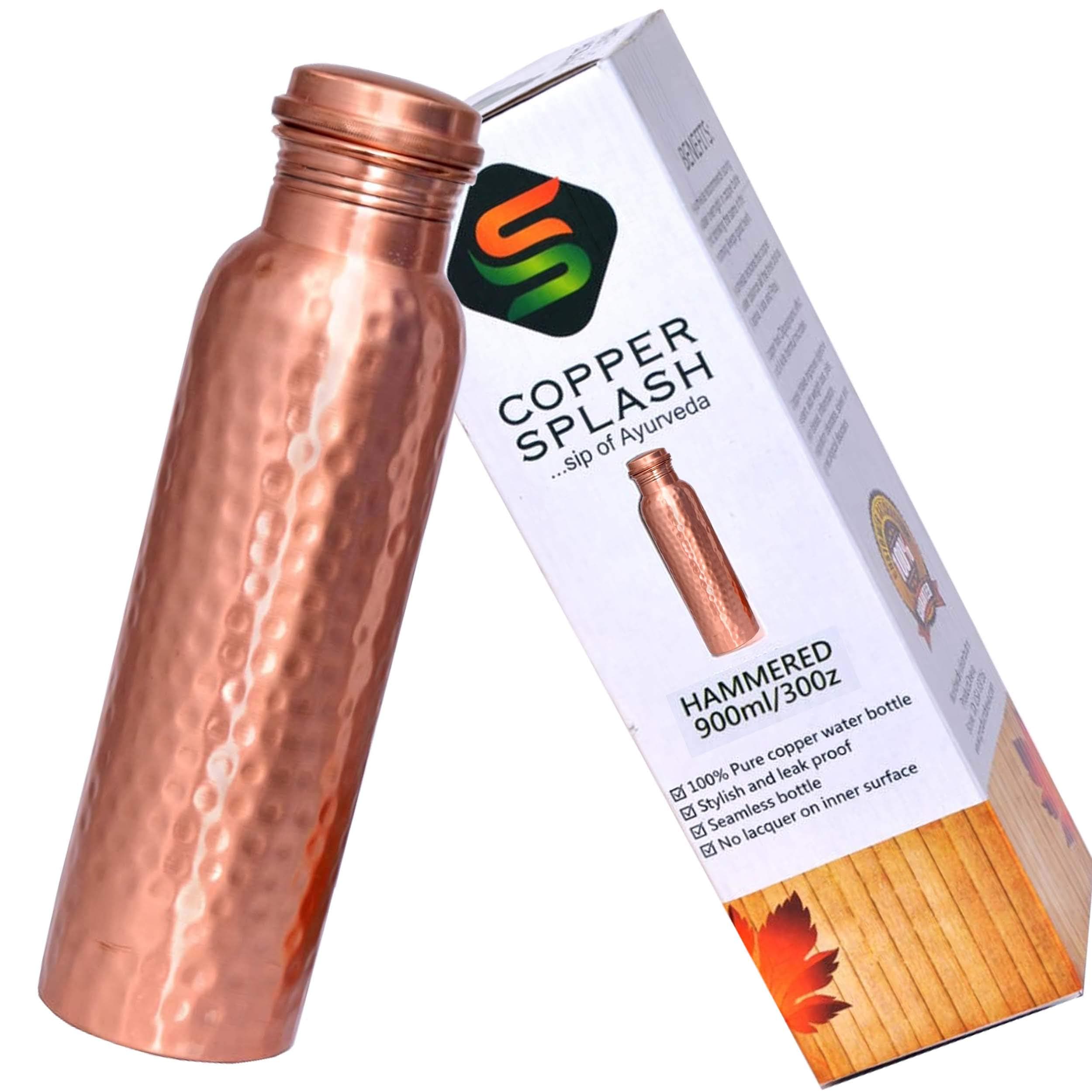 Copper Splash Hammered Pure Copper Water Bottle - no Joint and Leak Proof Copper Pitcher - no Messy Label - Have Ayurvedic Health Benefits. Holds 900 Mililitre or 30 Ounce