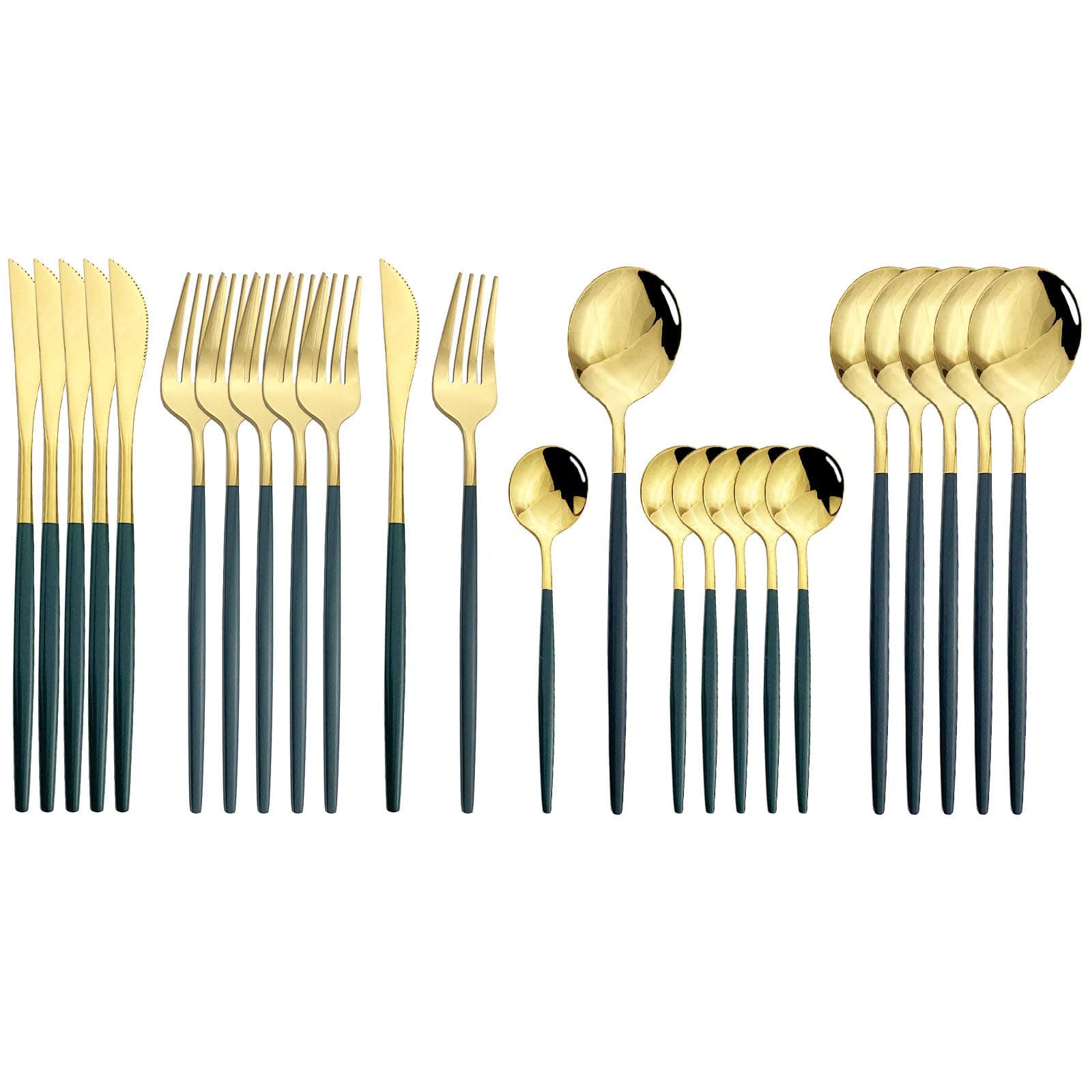 JASHII Flatware Serving Set 24 Piece, Stainless Steel Silverware Set, Green Gold Cutlery Set, Modern Elegant Tableware Set for Party, Christmas, Dinner (Green Gold)