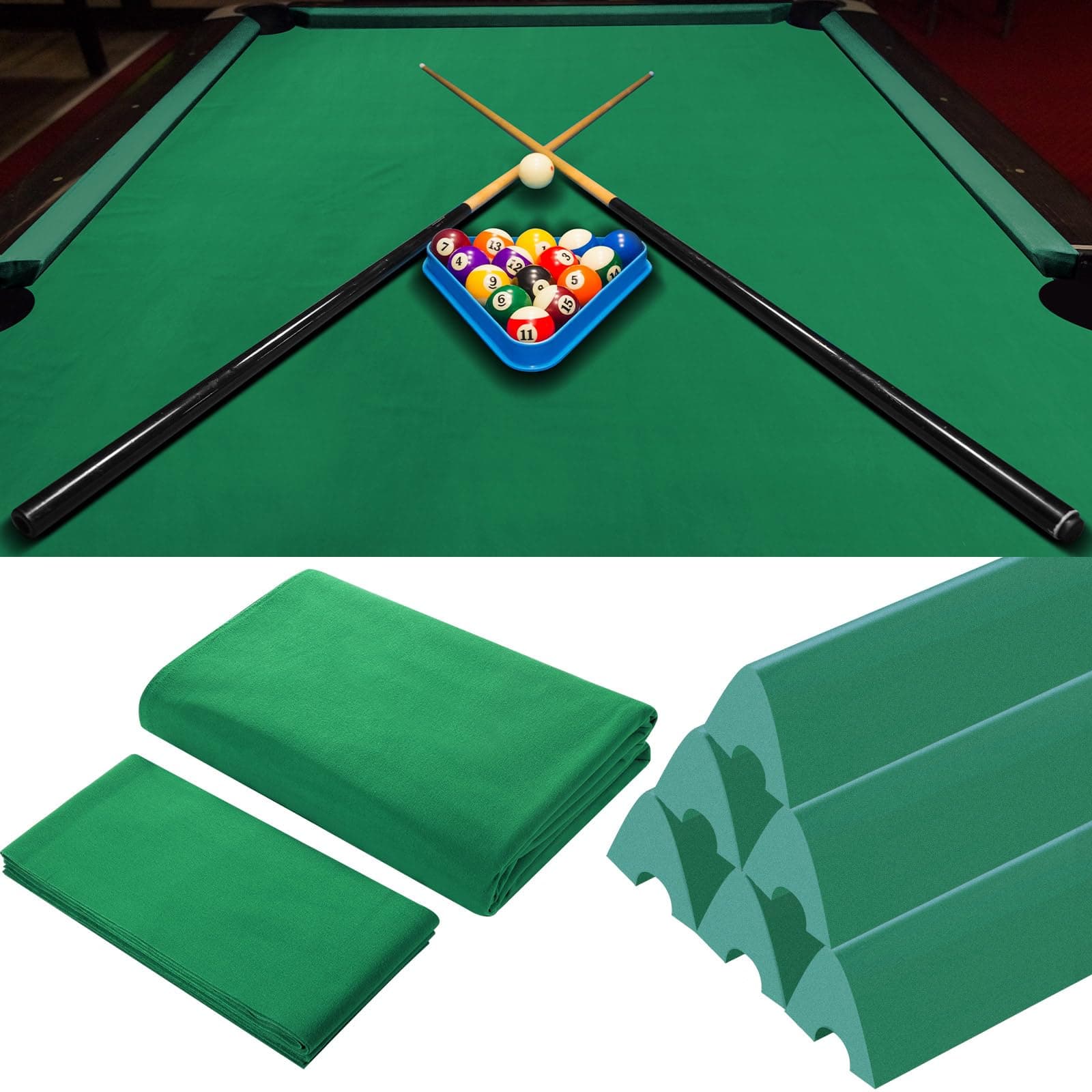 Mixweer Billiard Cloth for 8 ft Pool Table Pre Cut Felt with 6 Cloth Strips and 6 Pool Table Rubber Bumpers for Bars, Clubs, Hotels Replacement