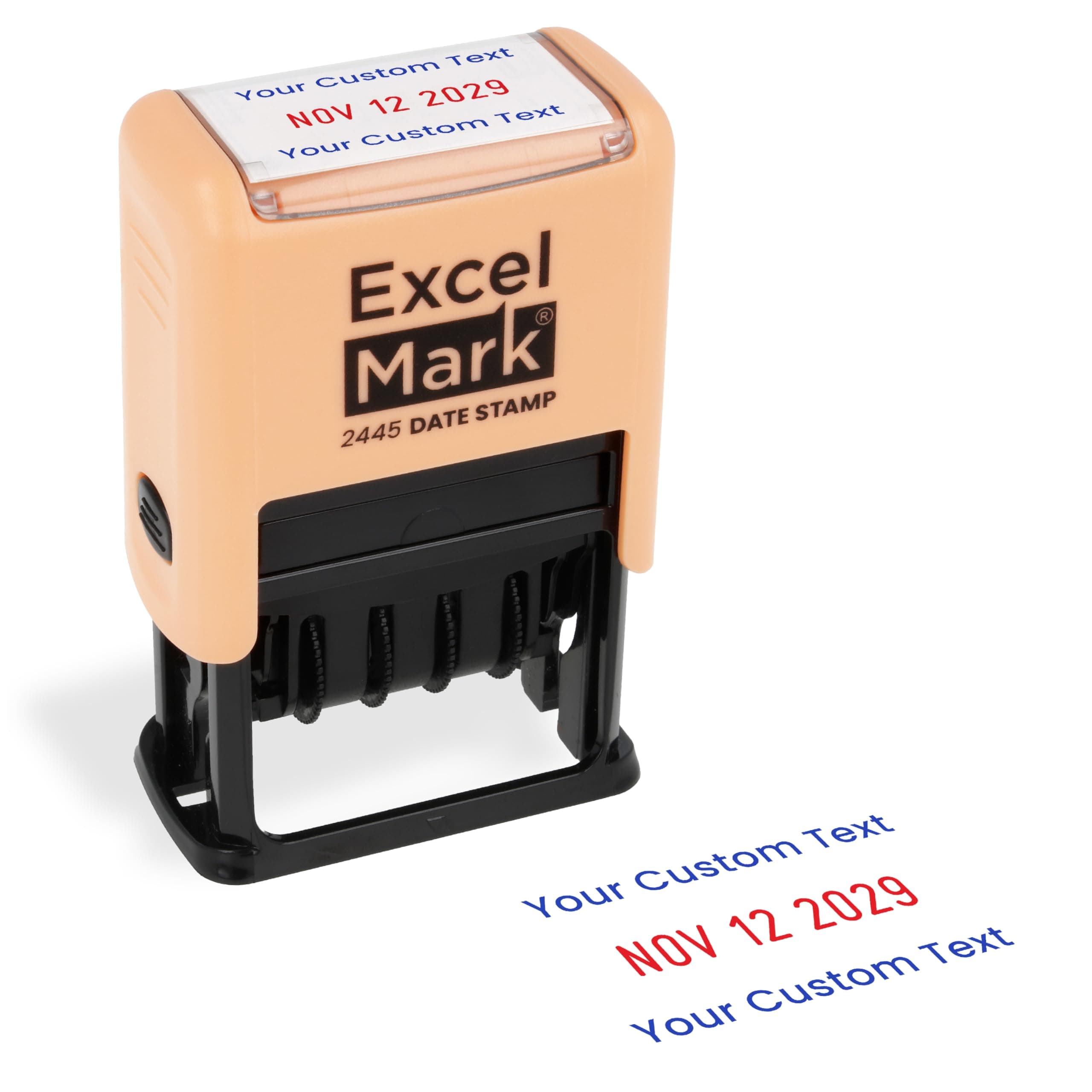 ExcelMark 2445 Date Stamp with Text - Blue and Red Ink (Peach Mount, Custom)