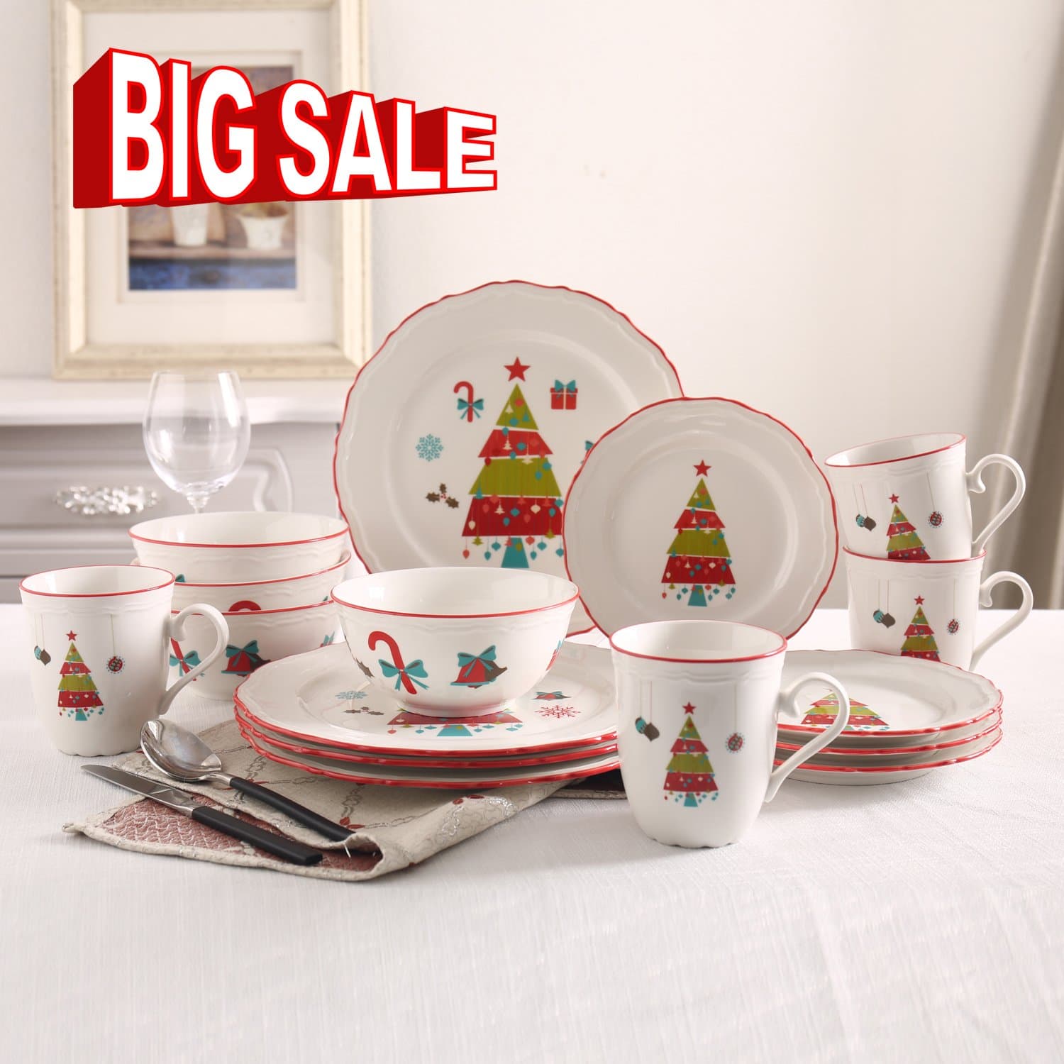 (NEW ARRIVAL)SOLECASA 16-Piece White Porcelain/Ceramic Dinnerware and Serveware in Christmas Design