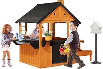 Kids Wooden Playhouse for Outdoor, Cottage with Sink, Picnic Table, Mailbox, Flowerpot Holders, Age 3-8 (Light Brown)