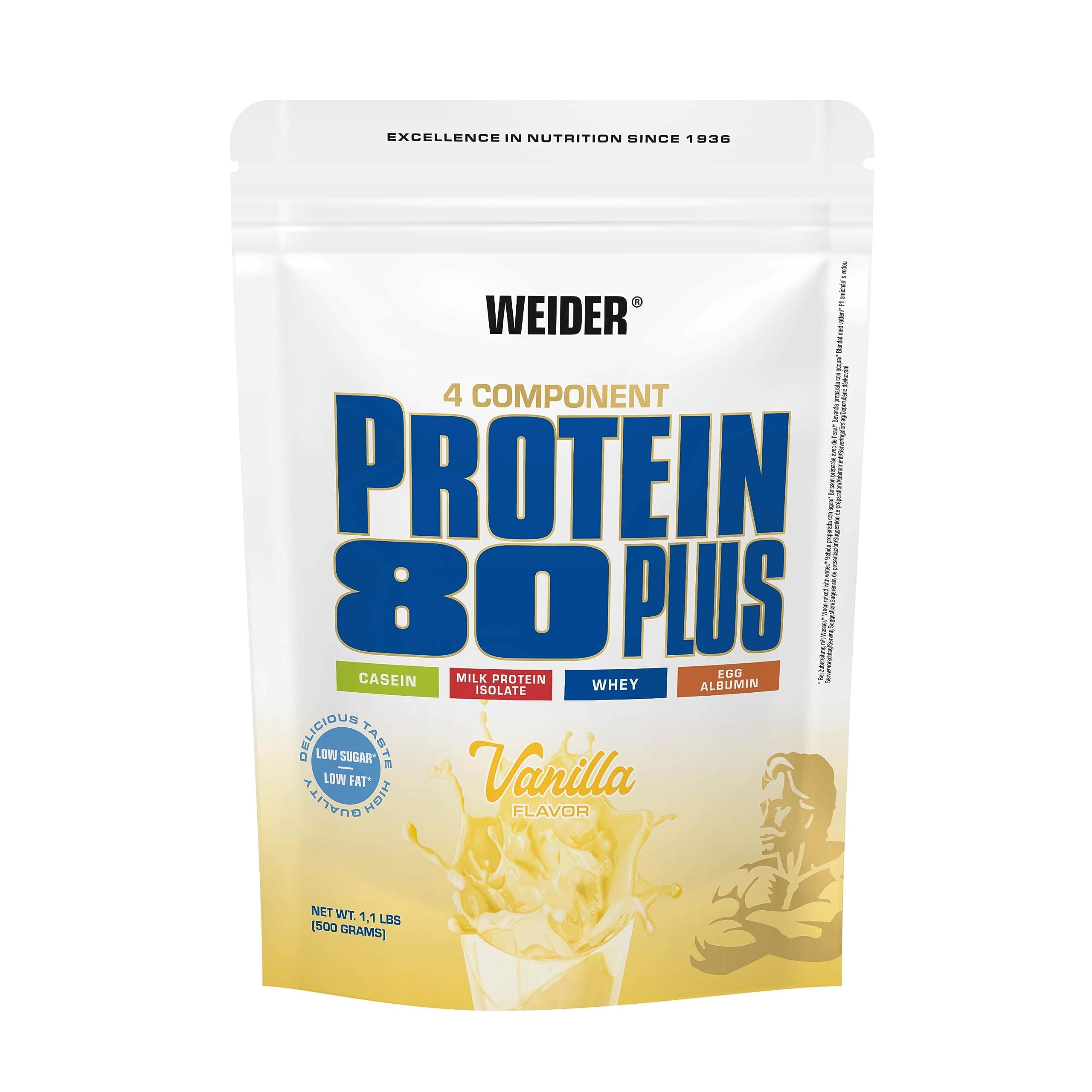 Protein 80 Plus (500 g) Vanilla Flavor Multi-Protein Source: Casein, Milk Protein Isolate, Whey, Egg Albumin, Powder for Creamy Low Fat and Low Sugar Shakes, Delicious Taste