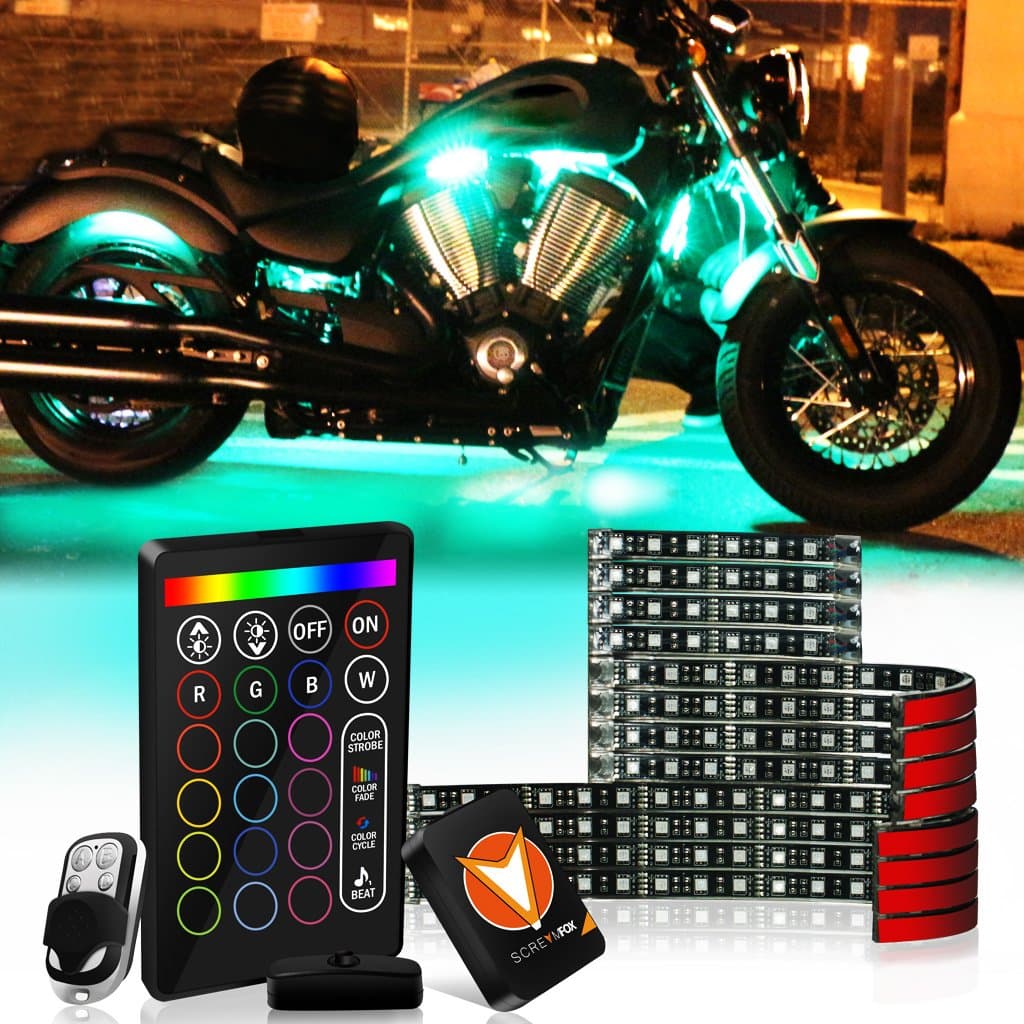 SCREAMFOX 12PCS Motorcycle LED Light Kit | Multi-Color Accent Glow Neon Strips for Cruisers 120 SMD LED lights with 1 PCS Remote Controller