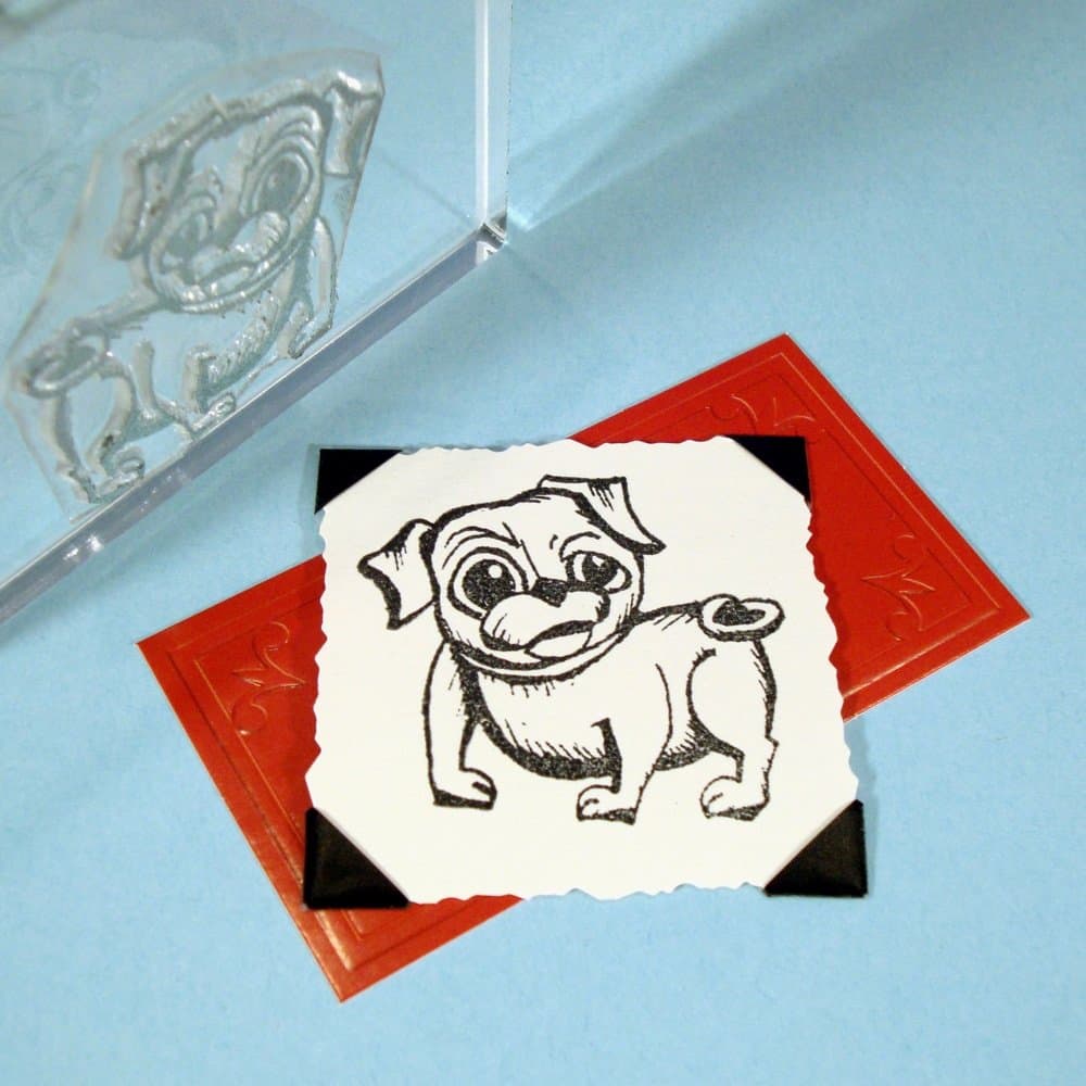 Pug Dog Stamp, clear polymer cling 1.75"x2", includes storage case and block mount