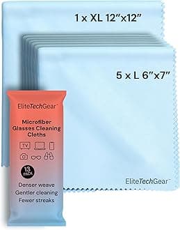 Elite Screens 6-Pack Microfiber Cleaning Cloths - 5-pc 6"×7" & 1-pc 12"×12", Light Blue - Streak-Free Glasses Wipes - Travel-Ready Eyeglass Cleaning Wipes - Oversized Reusable Lens Care Cloths