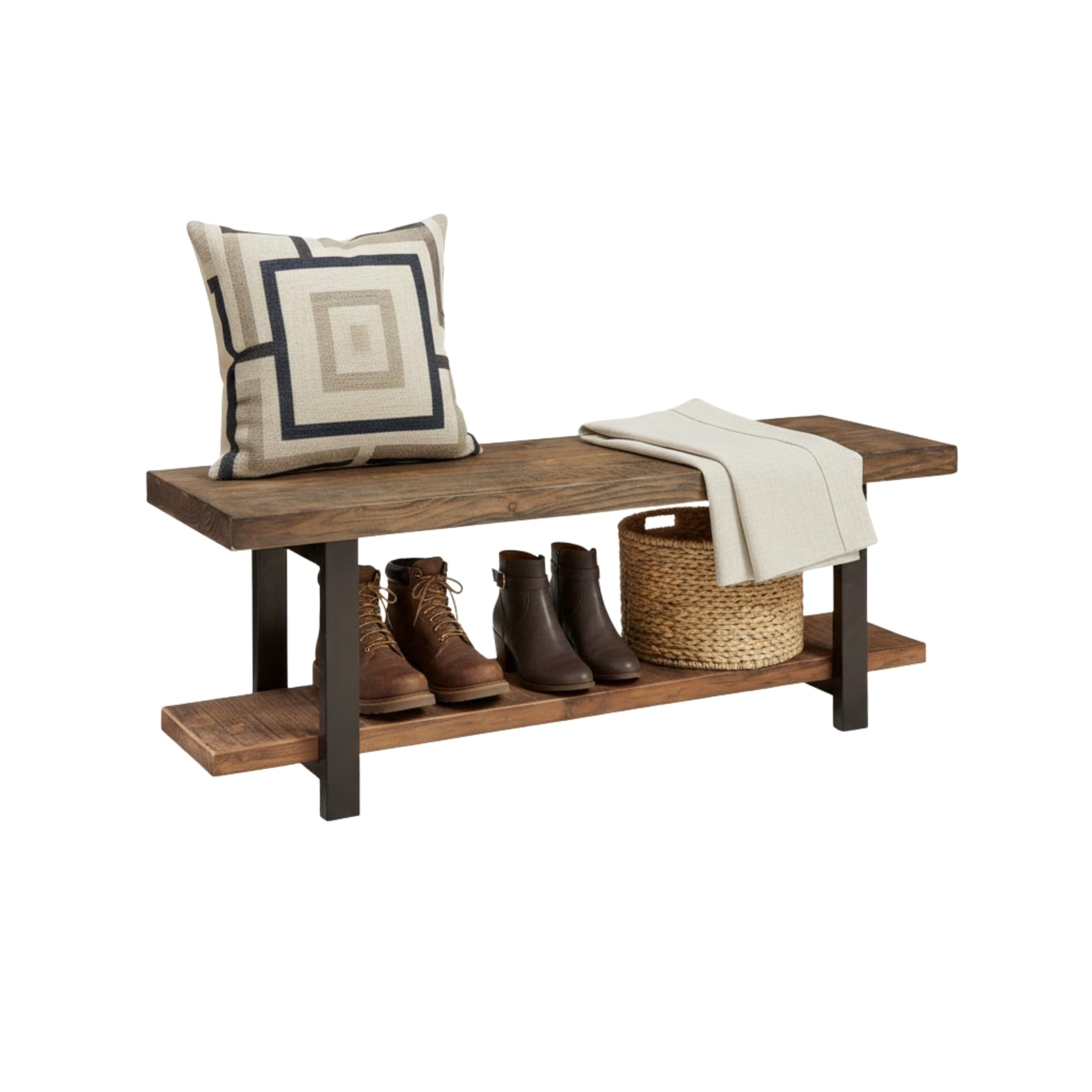 Pomona Entryway Organizer – Modern Rustic 48-Inch Solid Wood Entryway Bench with Open Bottom Storage Shelf – Farmhouse Hallway Seating for Mudroom or Foyer (Rustic Brown)