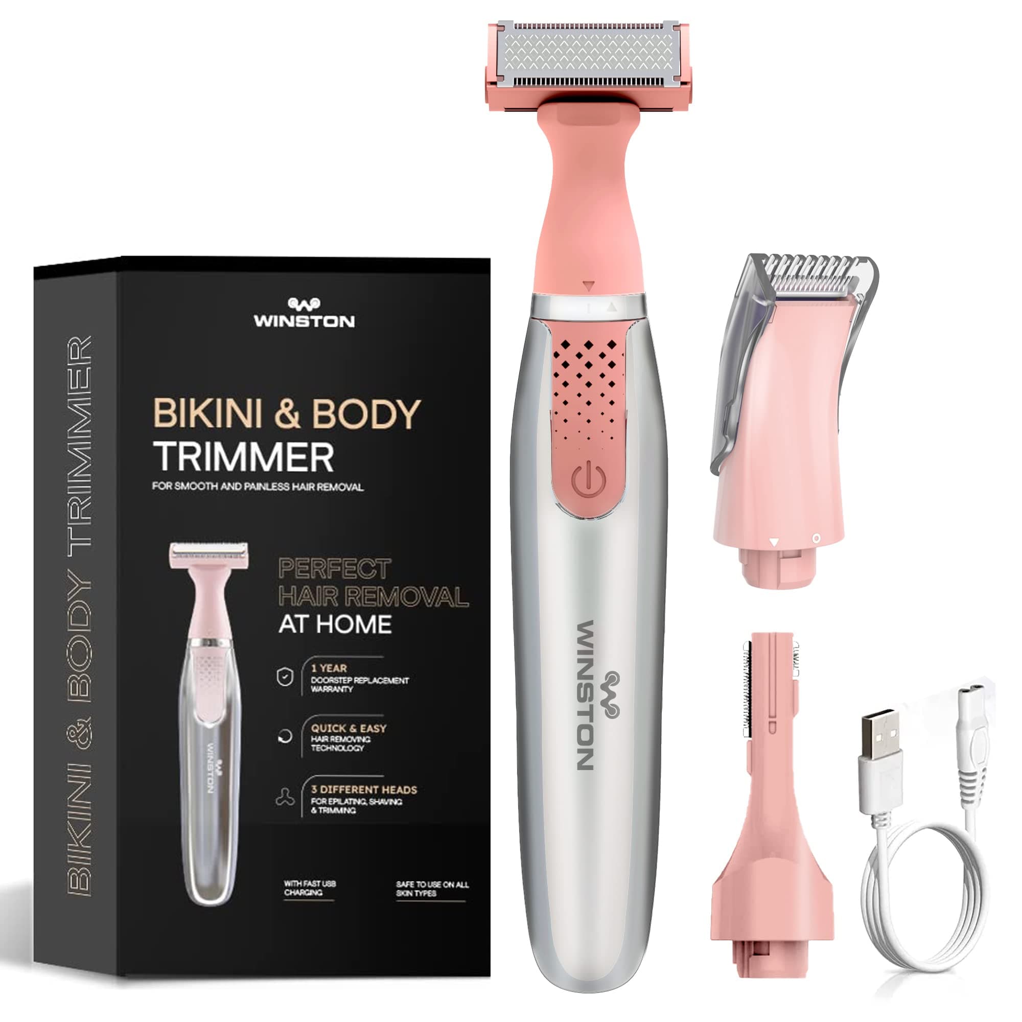 WINSTON Rechargeable 4-in-1 Multi-Purpose Full Body & Bikini Trimmer for Women | Gold, Modern & Sleek, 1 Year Warranty