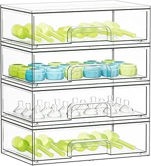 SpaceAid Bottle Storage Organizer Baby - Acrylic Bottles Station Organizer Container, Stackable Clear Drawers for Countertop, Vanity, Bathroom, Cabinet, Pantry Organization, 4 Pack, 4L, 13.7"H
