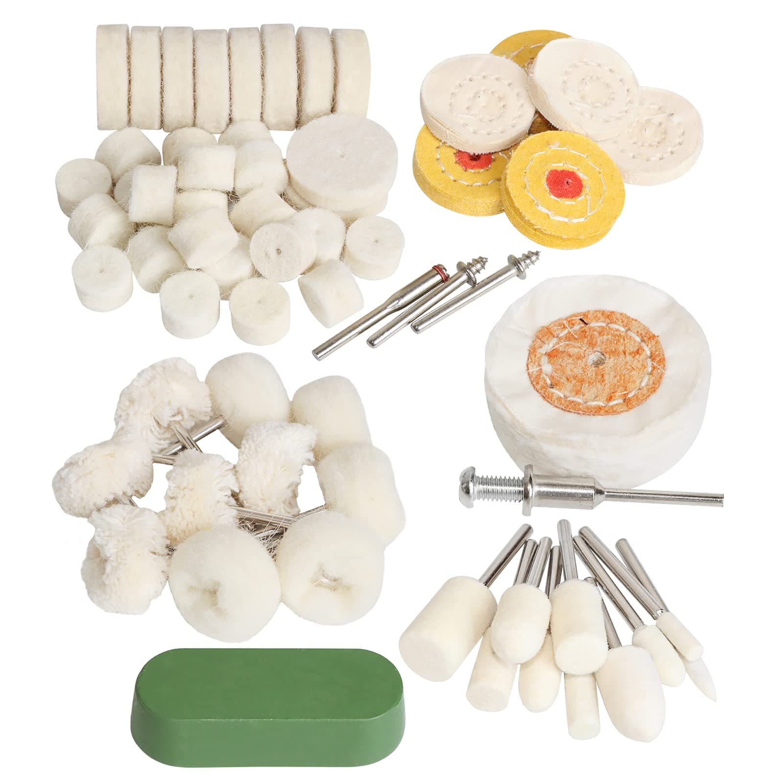 62pc Wool Felt Cotton Abrasive Buffing Wheel Kit,Rotary Tool Accesseries with 3mm Shaft,for Polishing Metal Jewelry Jade