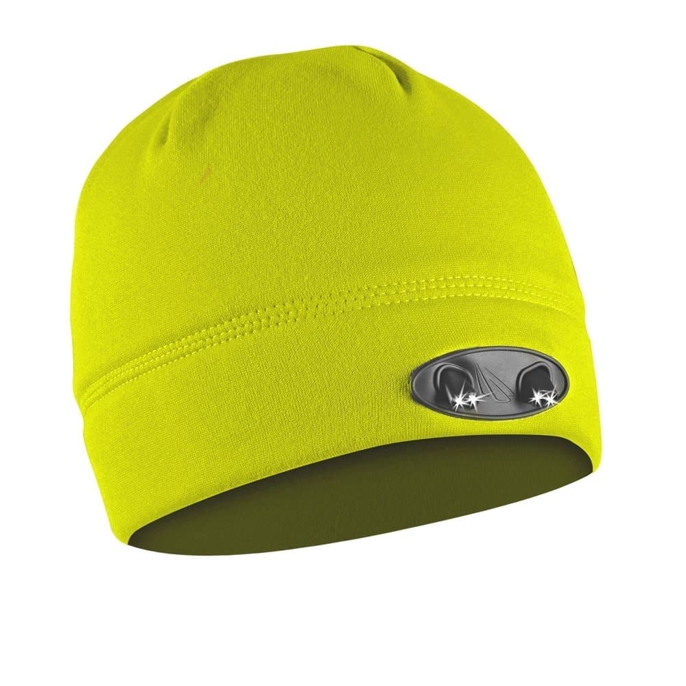 Huggabe LED Beanie Hat - 4 Ultra Bright Lights - Luxury Compression Fleece - High Visibility Yellow - Hands Free and Warm Lighted Hat Makes Path Visible up to 42 Feet Away