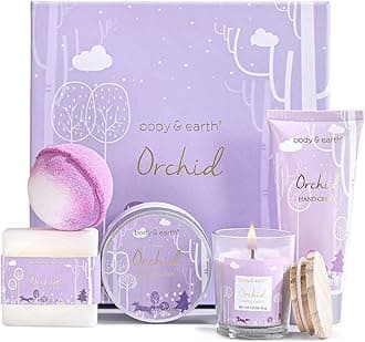 BODY & EARTH Luxury Gifts for Women, 5 Pcs Orchid Bath Spa Gift Set Includes Scented Candle, Body Butter, Hand Cream, Gifts for Pregnant Women, Birthday Gift Sets for her, Mothers Day Gifts