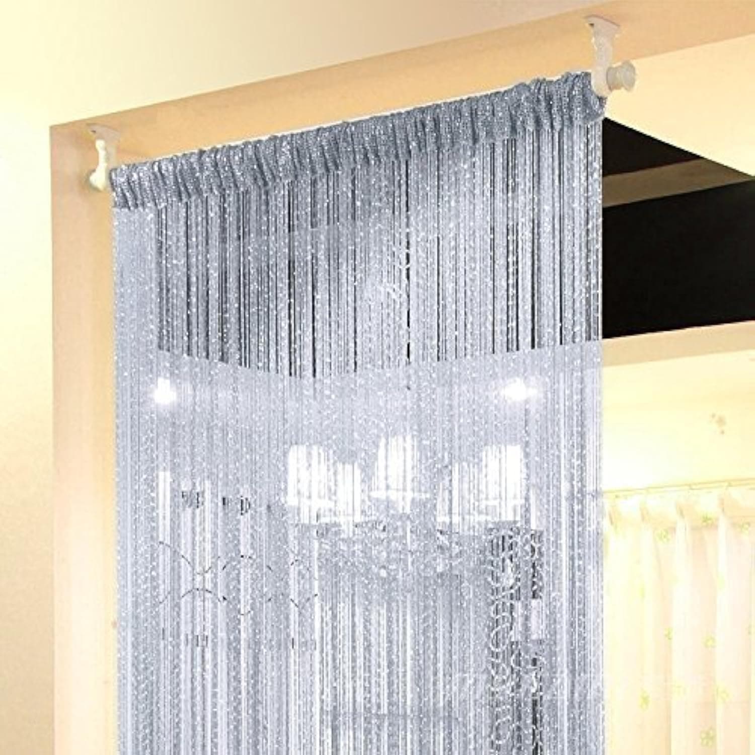 1x2 M Door String Curtain Rare Flat Silver Ribbon Thread Fringe Window Panel Room Divider Cute Strip Tassel for Wedding Coffee House Restaurant Parts, Grey