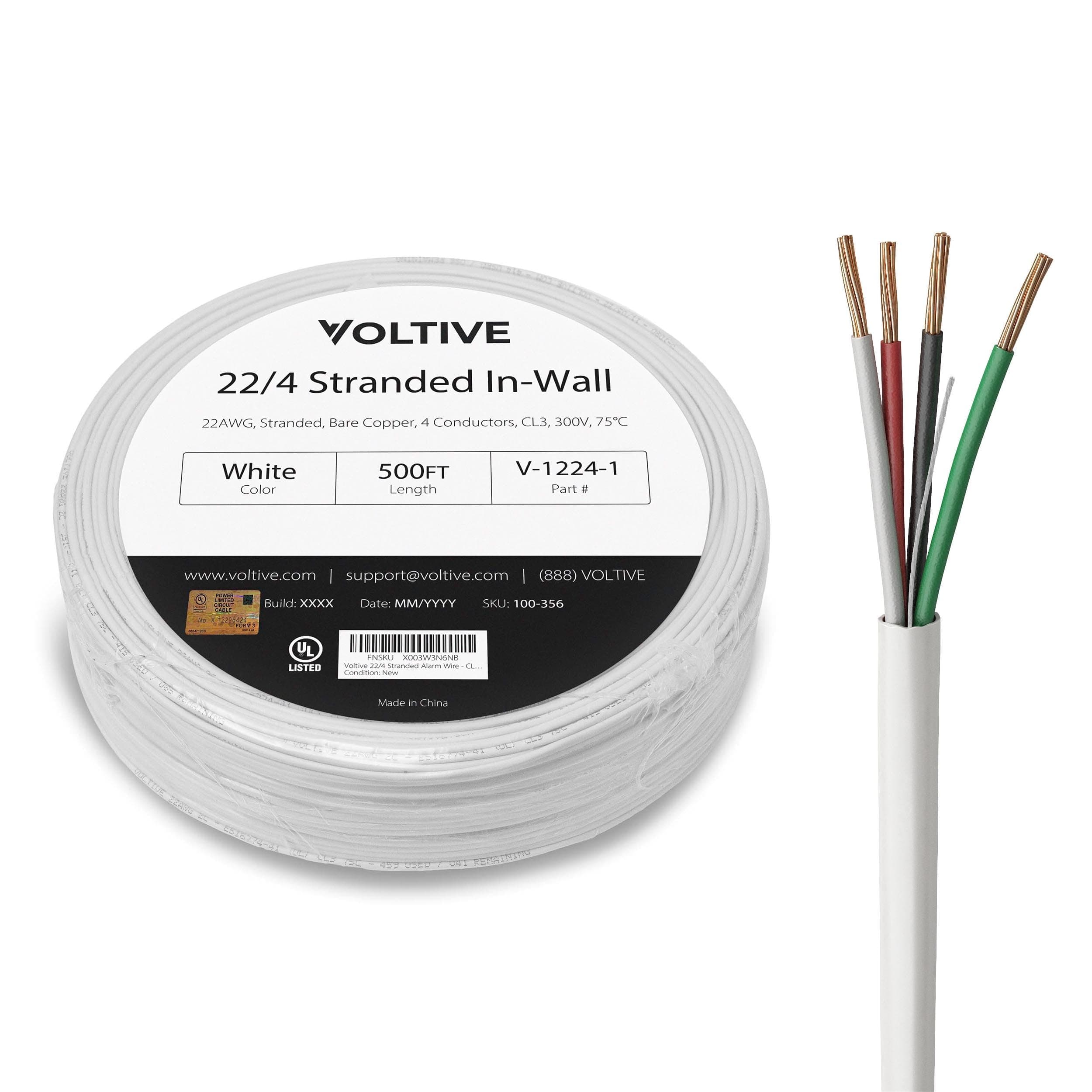 Voltive 22/4 Stranded Alarm Wire - in Wall CL3 Rated - Oxygen-Free Copper (OFC) - 500 Foot Coilpack - White