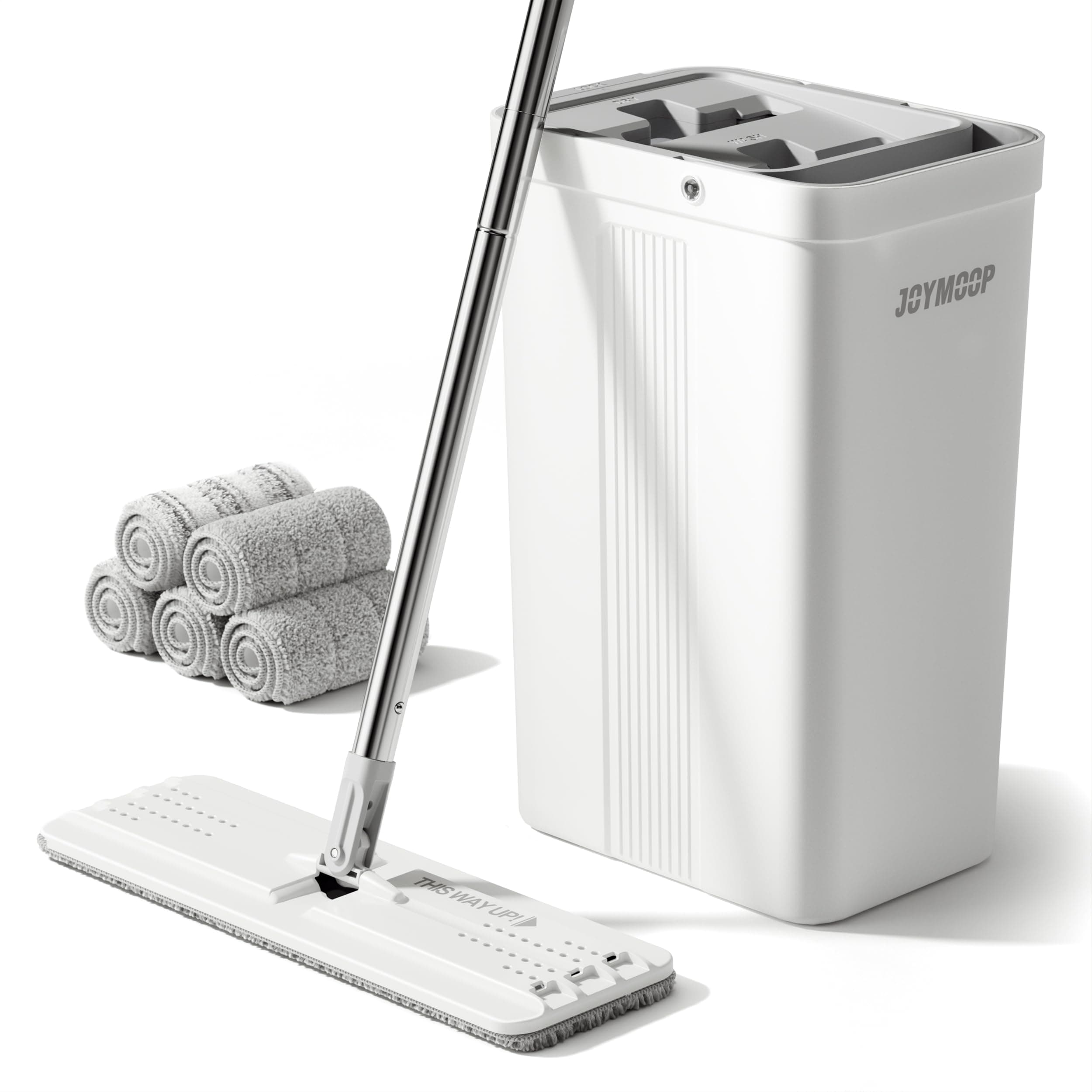 JOYMOOP Mop and Bucket Set with Squeezer White Flat Squeeze Mop Bucket Set for Floor Cleaning Wet Dry Mop Wall Cleaner with Long Handle Hardwood Floor Mop-5 Microfiber Cloth