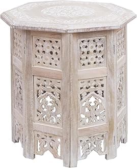 COTTON CRAFT Solid Wood End Table - Hand Carved Vintage Boho Folding Side Table - Small Spaces Entryway Accent Table - Farmhouse Living Room Bedside - No Tools Assembly - 18x18 Octagon - White Wash
