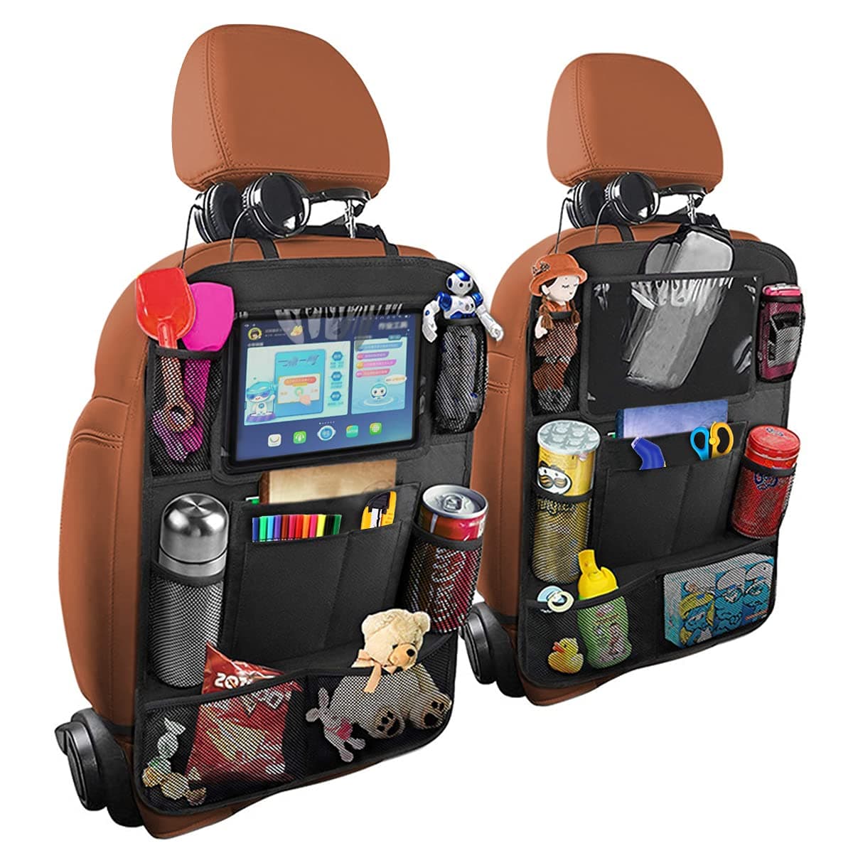 Car Seat Back Organizer, Waterproof and Durable with 10" Table Holder, 9 Storage Pockets for Kids, Travel Accessories, 2 Pack