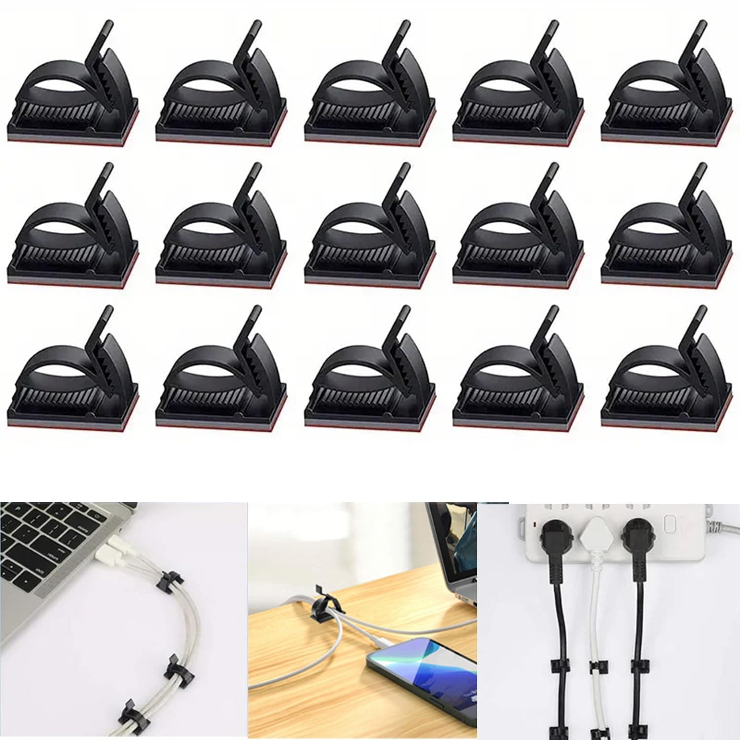 INOVERA (LABEL) 20 Pieces Adjustable Cable Management Clips - Cord Wire Organizer Clip with 3M Adhesive Foam for TV PC USB Charging Cables for Home (Black)