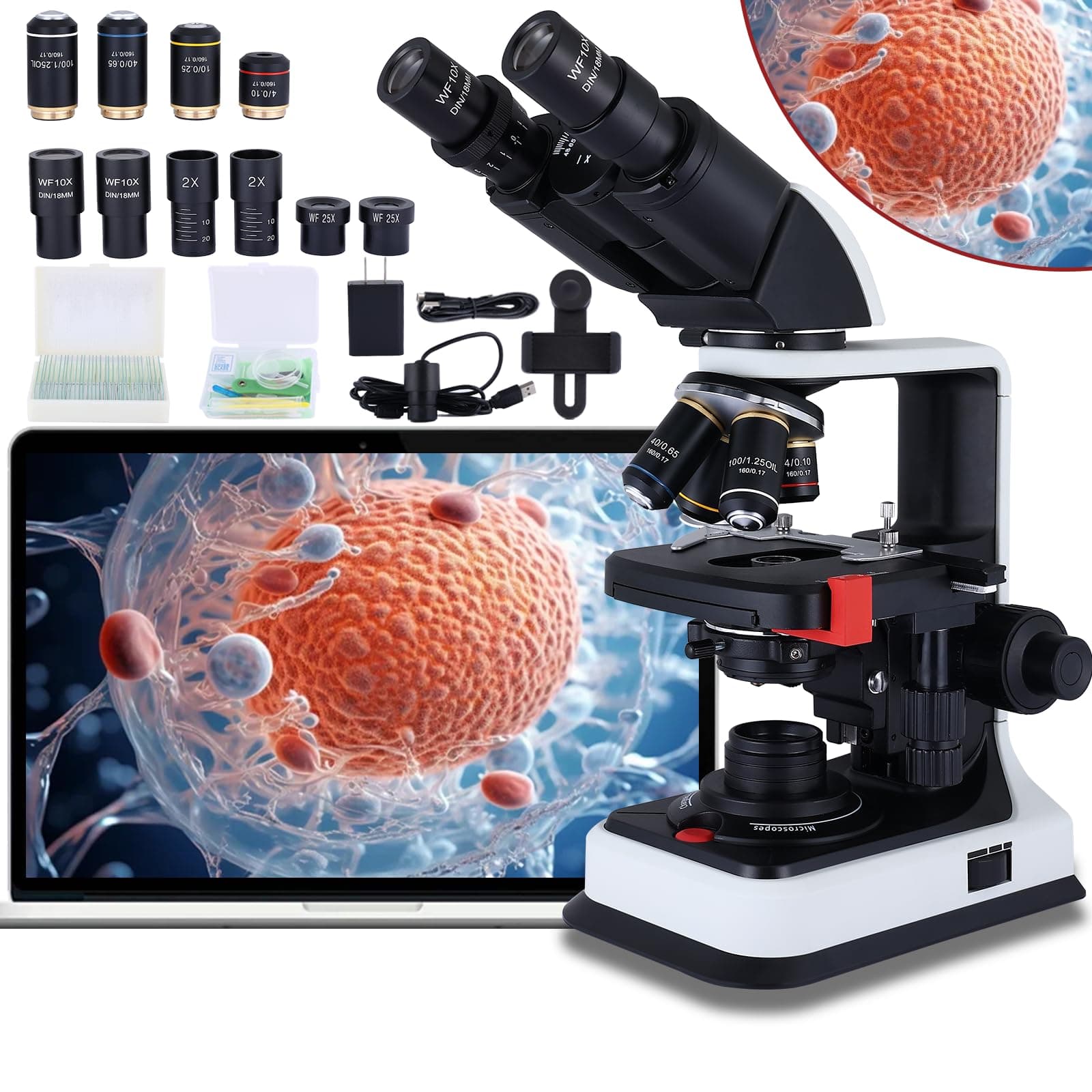 40X-2500X Microscope Laboratory Microscope for Adults with LED, Double 3D Mechanical Stage, Abbe Spotting Scope for Students Children Adults Laboratory Education Science Doppelt Tisch