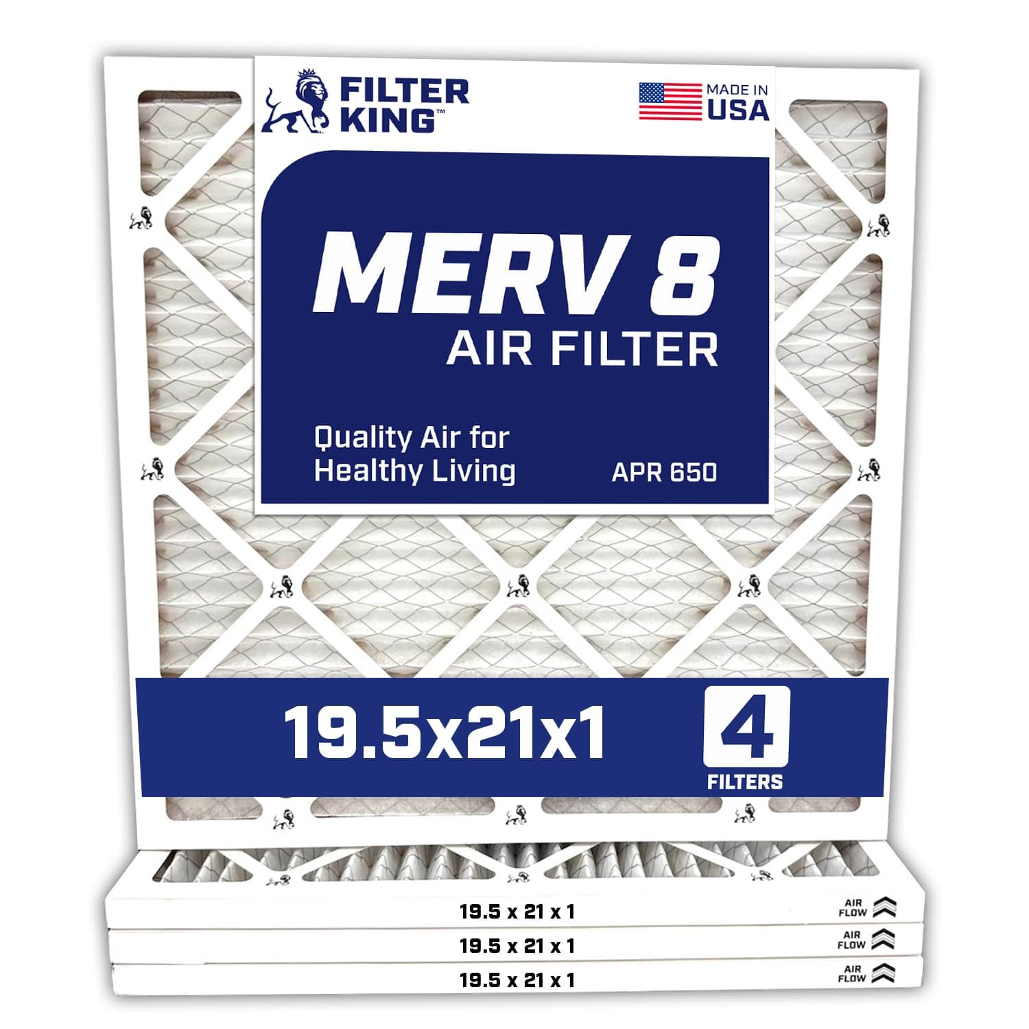 Filter King 19.5x21x1 Air Filter | 4-PACK | MERV 8 HVAC Pleated A/C Furnace Filters | MADE IN USA | Actual Size: 19.5 x 21 x .75"