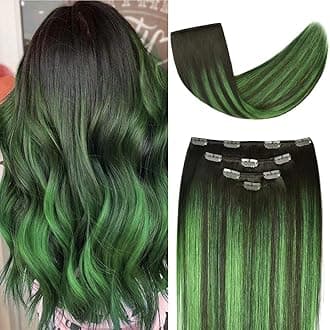 20" Clip in Hair Extensions Remy Human Hair Teal Balayage for Women - Silky Straight 100% Real Human Hair 75rams 4pieces #(1B/Teal) T1B Color