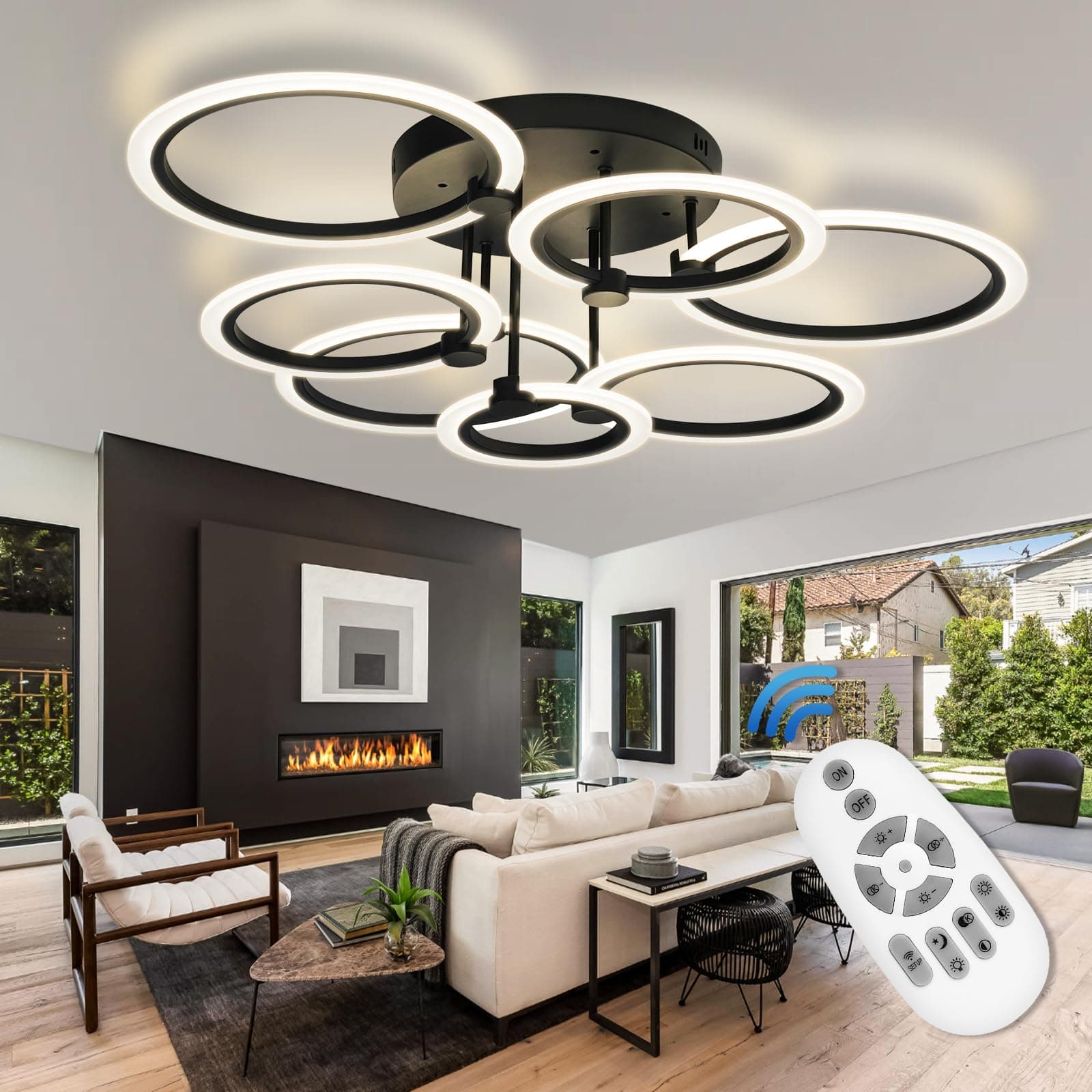 Modern LED Ceiling Light 7 Rings Dimmable Fixtures with Remote Black Close to Ceiling Light 31.8" 130W 3000K-6500K Flush Mount Ceiling Lamp for Living Room,Bedroom,Kitchen