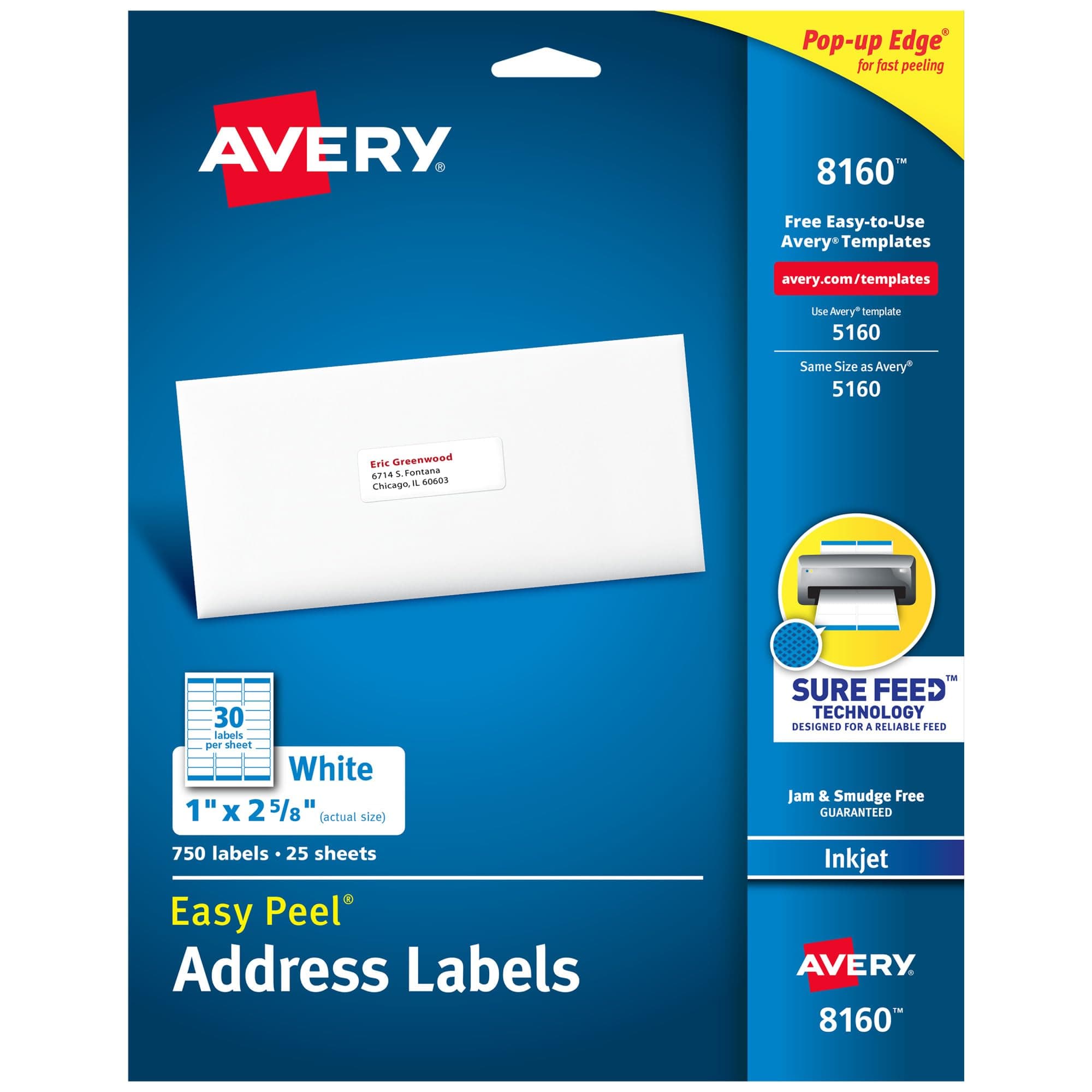 Easy Peel Printable Address Labels with Sure Feed, 1" x 2-5/8", White, 750 Blank Mailing Labels (08160)