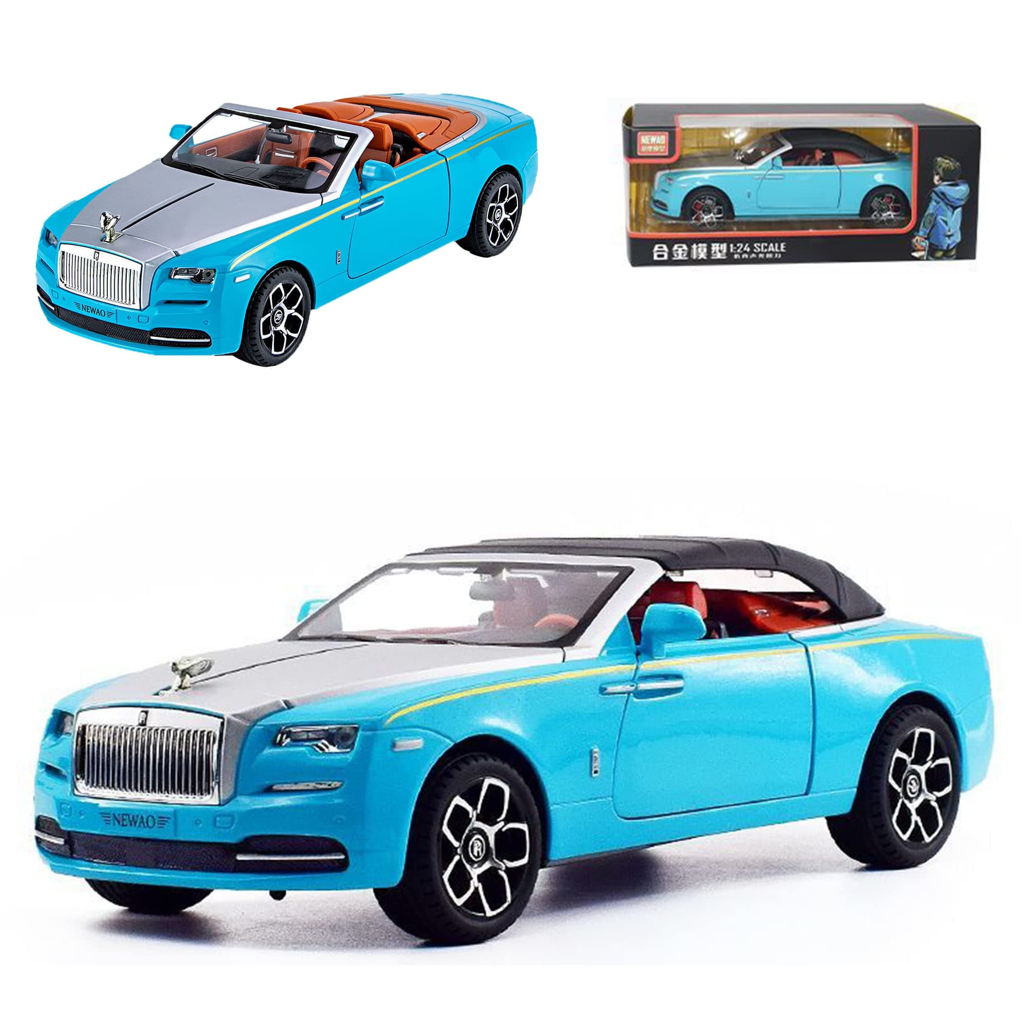 Swift 1:24 Rolls-Royce Convertible Diecast Car Model | Phantom Toy Car with Removable Roof, Sound and Light | Alloy Collectible Pull Back Vehicle for Kids Gift (Blue)