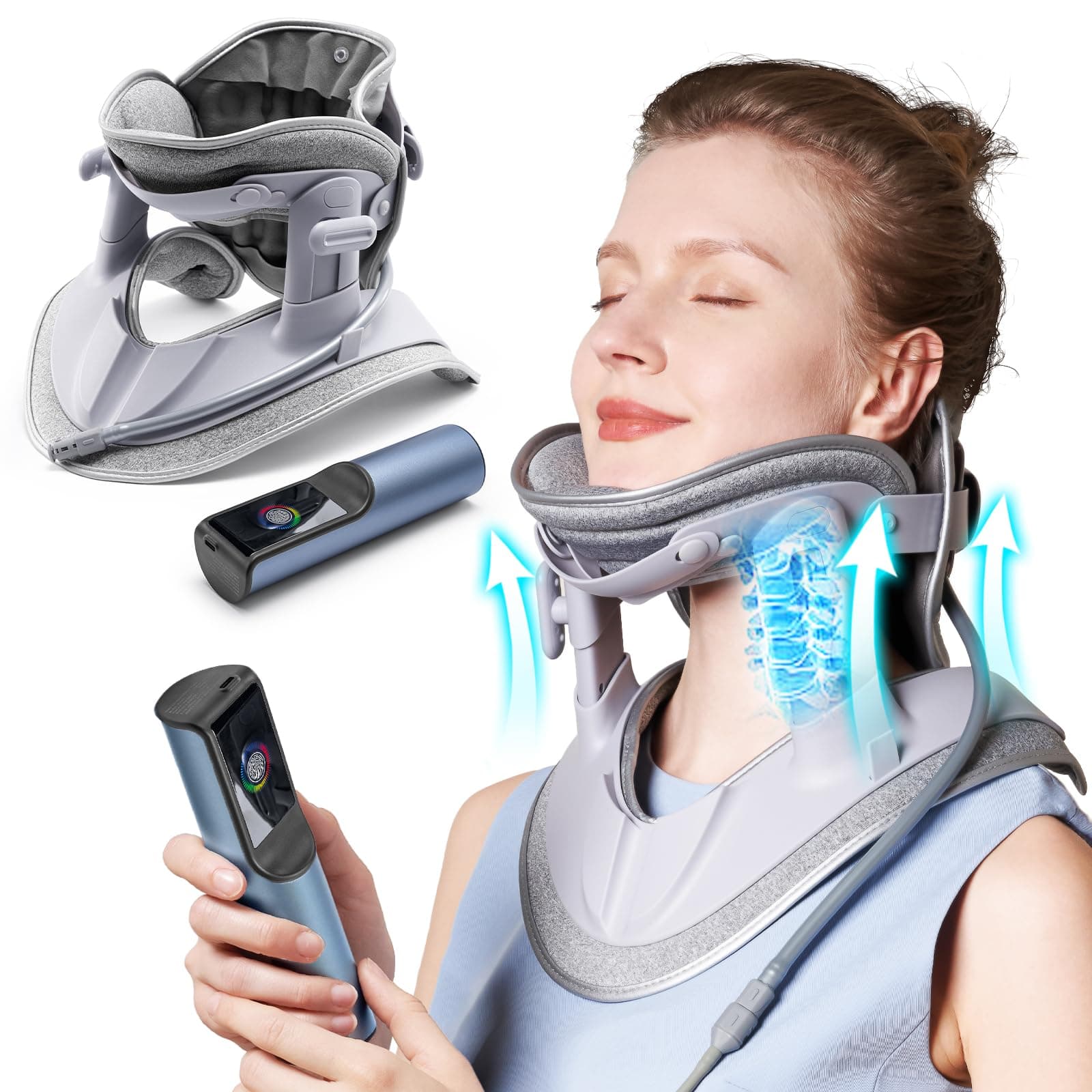 Cervical Neck Traction Device Fast Air Pump Neck Brace, Adjustable Inflatable Neck Stretcher with 3 Power Tractions Pain Relief Neck Decompression Tension Relief