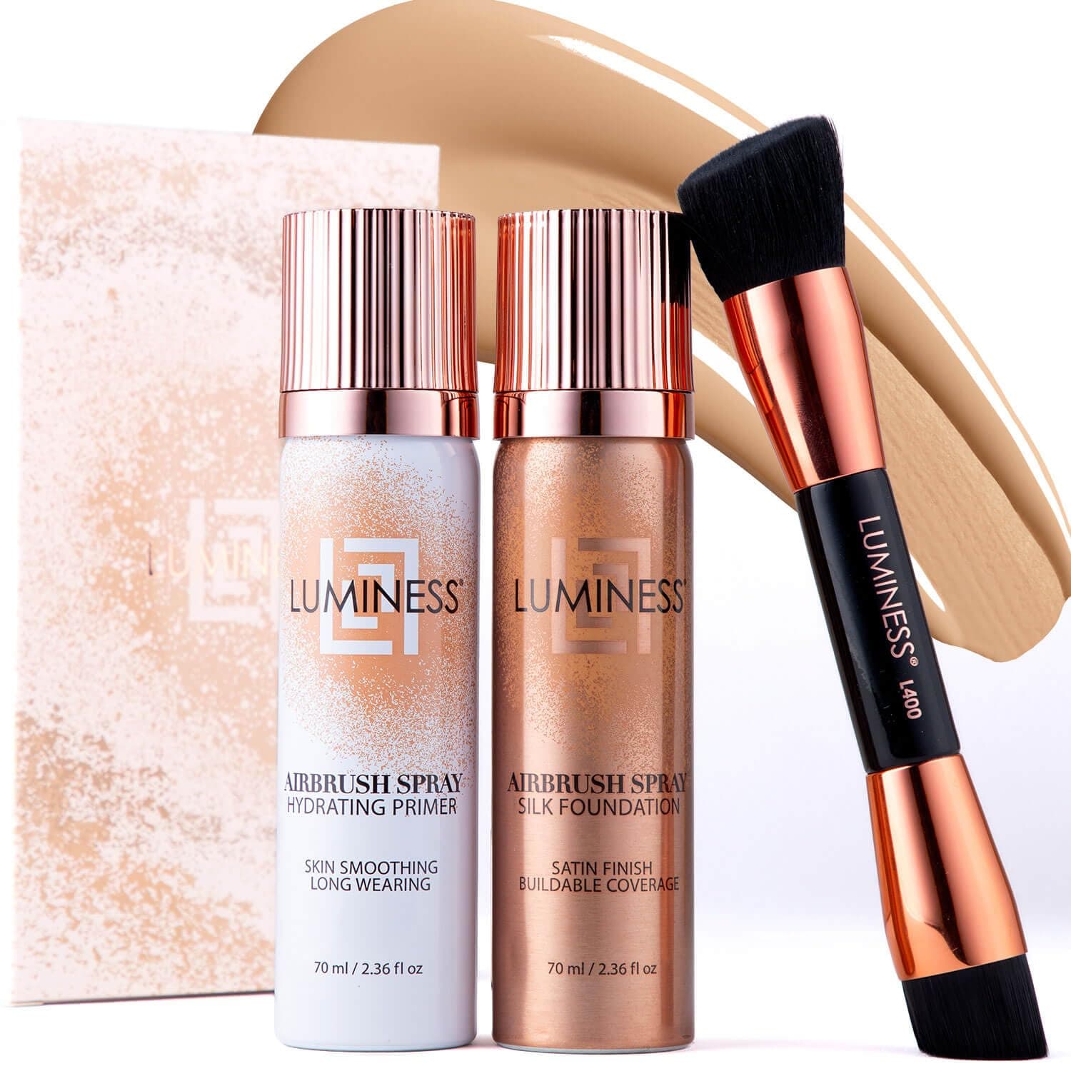 Silk Airbrush Spray Foundation Makeup Starter Kit - Full Coverage Foundation, Primer & Dual-Sided Buffing Brush - Buildable Coverage, Anti-Aging Formula Hydrates & Moisturizes (Light Medium)