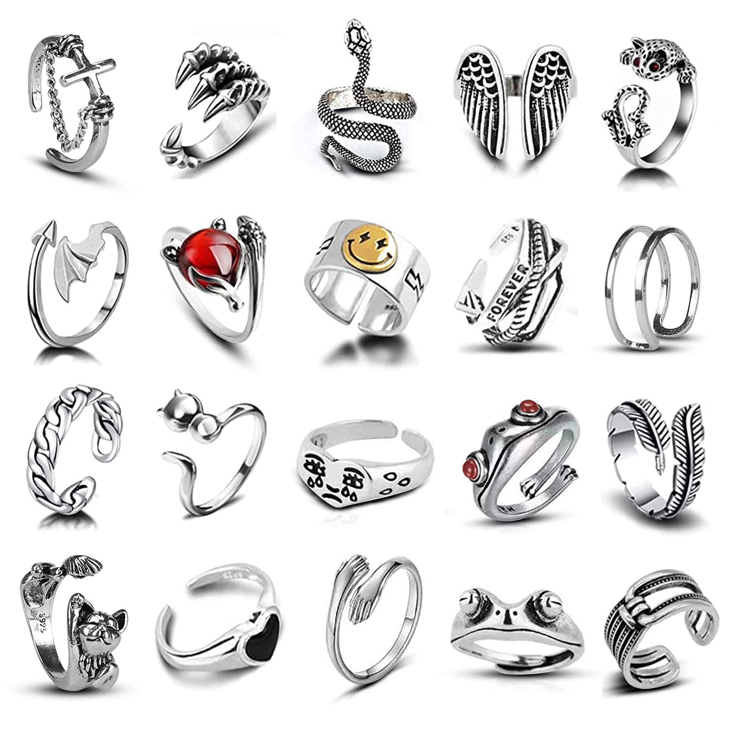 20 Pcs Silver Plated Rings Open Rings Frog Leaf Chain Adjustable Ring for Women Men Girls Punk Vintage Stackable Ring Sets, Goth Hippie Matching Rings