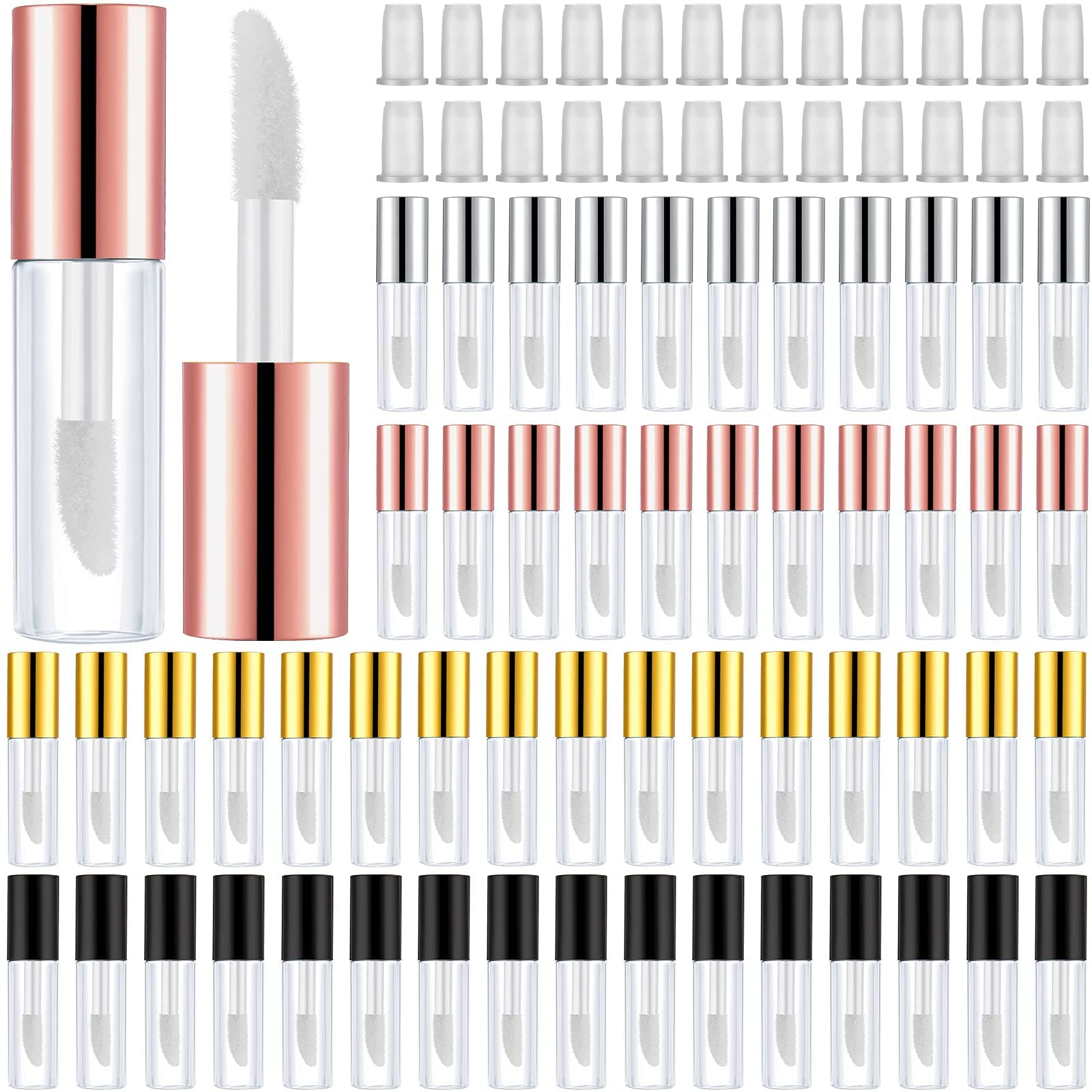 Patelai 100 Pieces 1.2 ml Clear Mini Lip Gloss Tube Refillable Empty Lip Balm Gloss Containers for Women Girls DIY Makeup, Gold, Rose Gold, Black, Silver