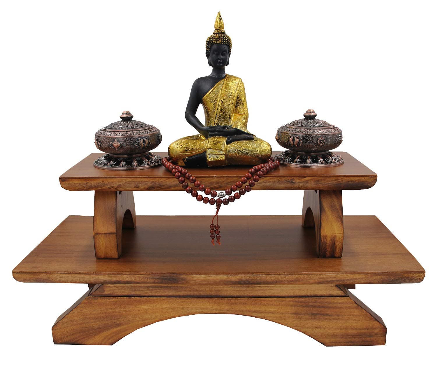 DharmaObjects Premium Solid Wood Hand Carved Personal Shrine Altar Meditation Table Multi Levels (9" High)