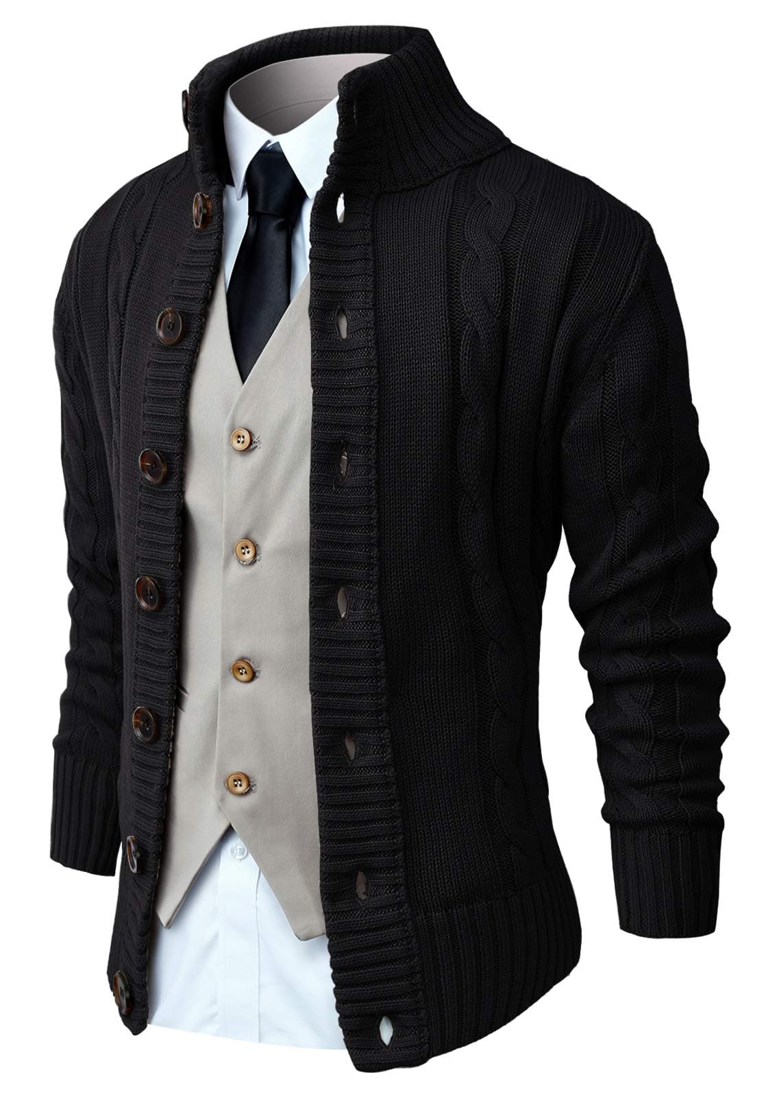 Mens Long Sleeve Stand Collar Cardigan Sweaters Button Down Cable Knitted Sweater
