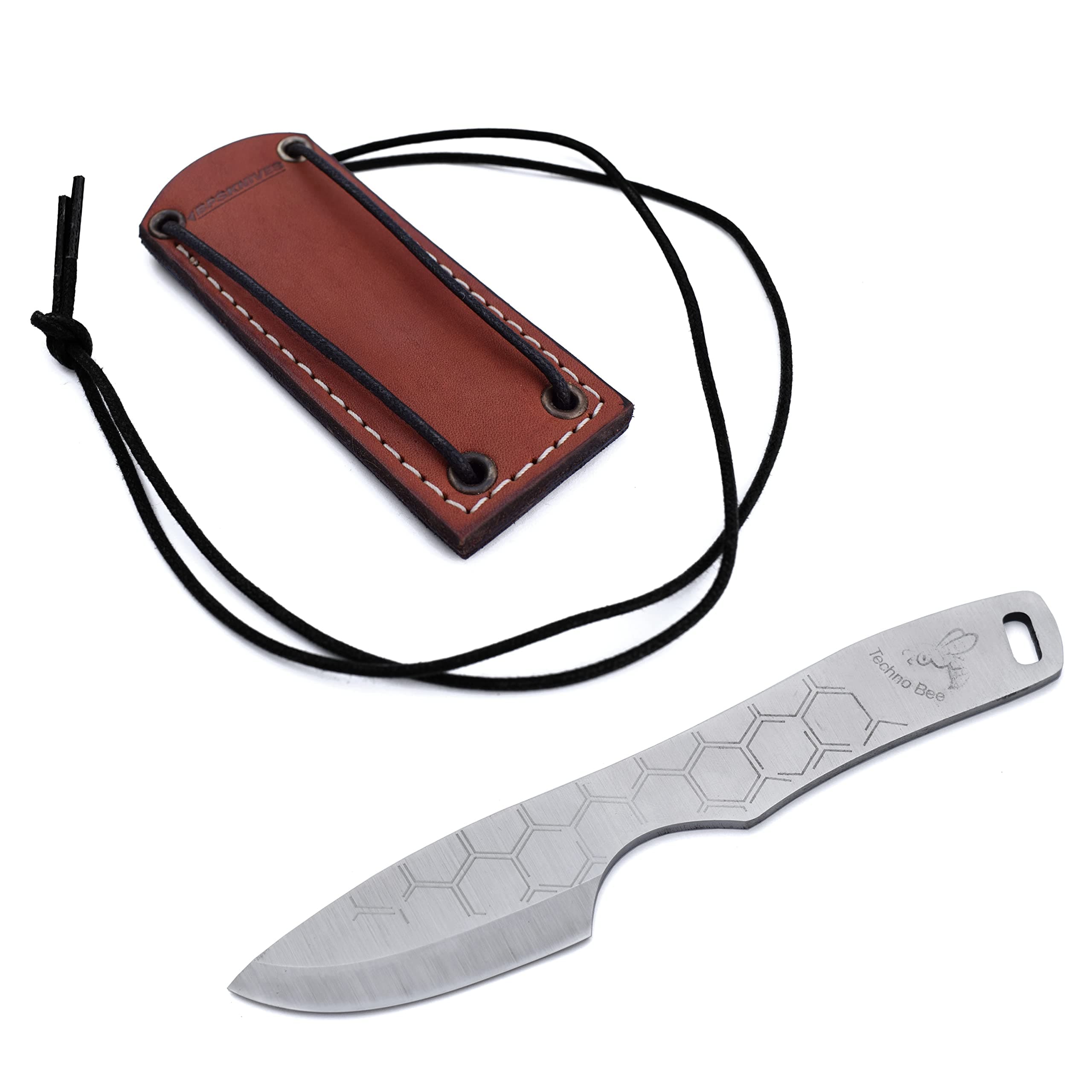 Techno Bee - Stainless Steel Neck Knife - Skeleton Fixed Blade Camping Knife with Genuine Leather Case - Fixed-Blade Outdoor Utility EDC Knives