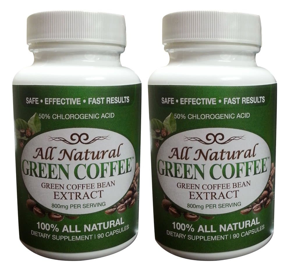 All Natural Green Coffee Bean Extract|Two Bottle Pack|50% Chlorogenic Acid|90 Count|800mg Serving|No Shipping Charge!|Veggie Caps