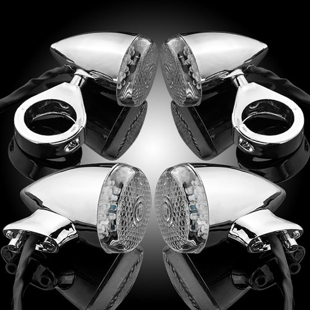 4pcs 20 LED Chrome Front Rear Turn Signal Light 41mm Fork Clamp Custom Bike Motorcycle Cruiser Chopper Touring
