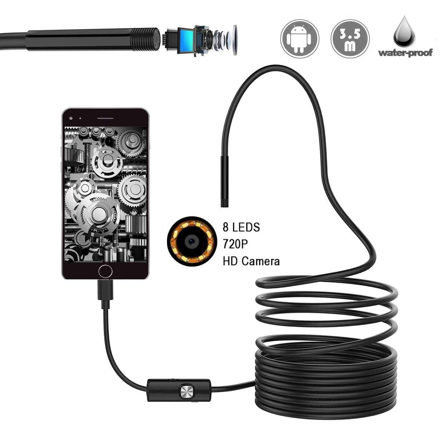 USB Android Endoscope, Android Borescope Micro Waterproof Endoscope Inspection Snake Tube Camera 2.0 Megapixels with 6 Adjustable Led Light(3.5 Meter)